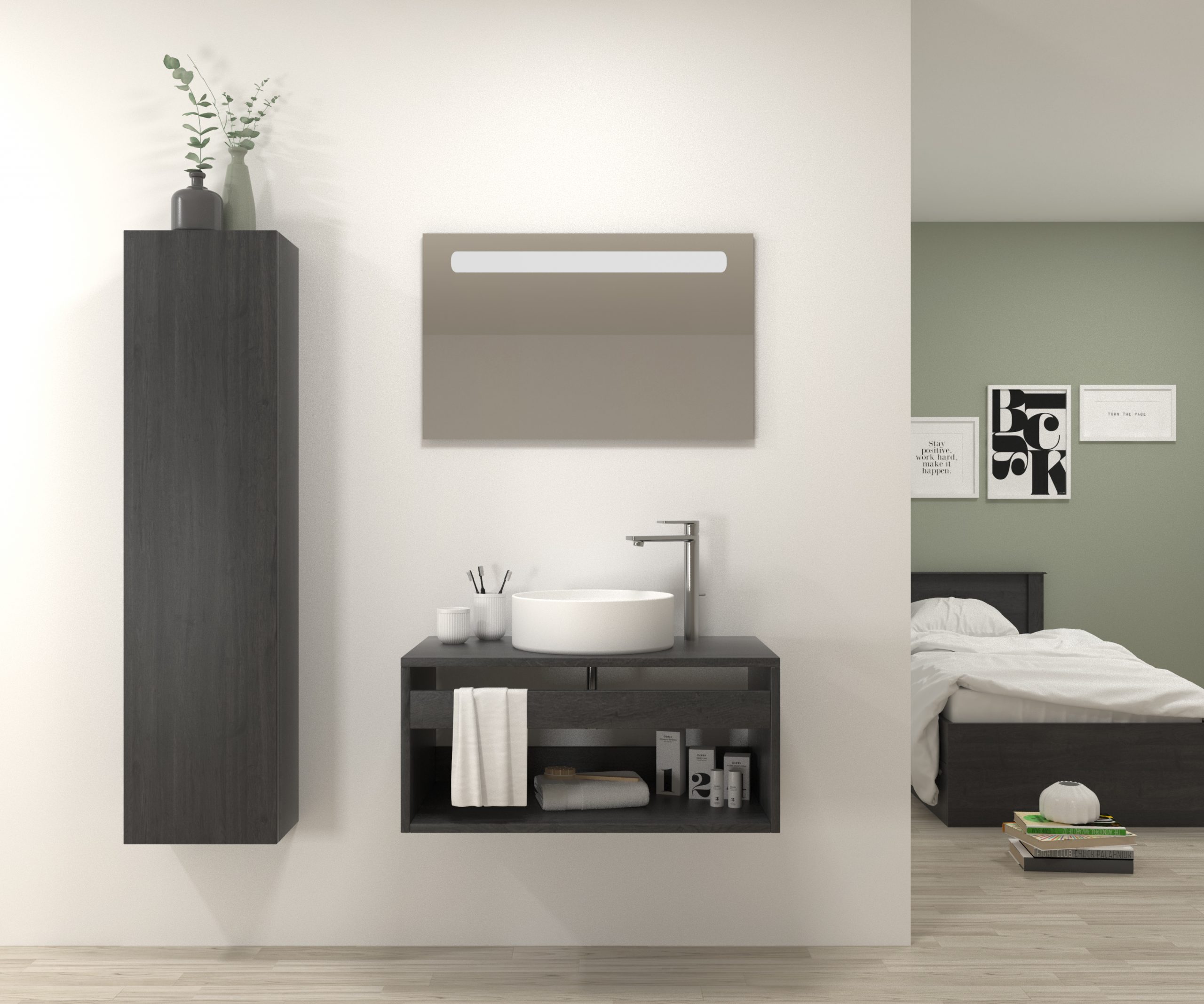 Pack Burdeos con lavabo y espejo LED