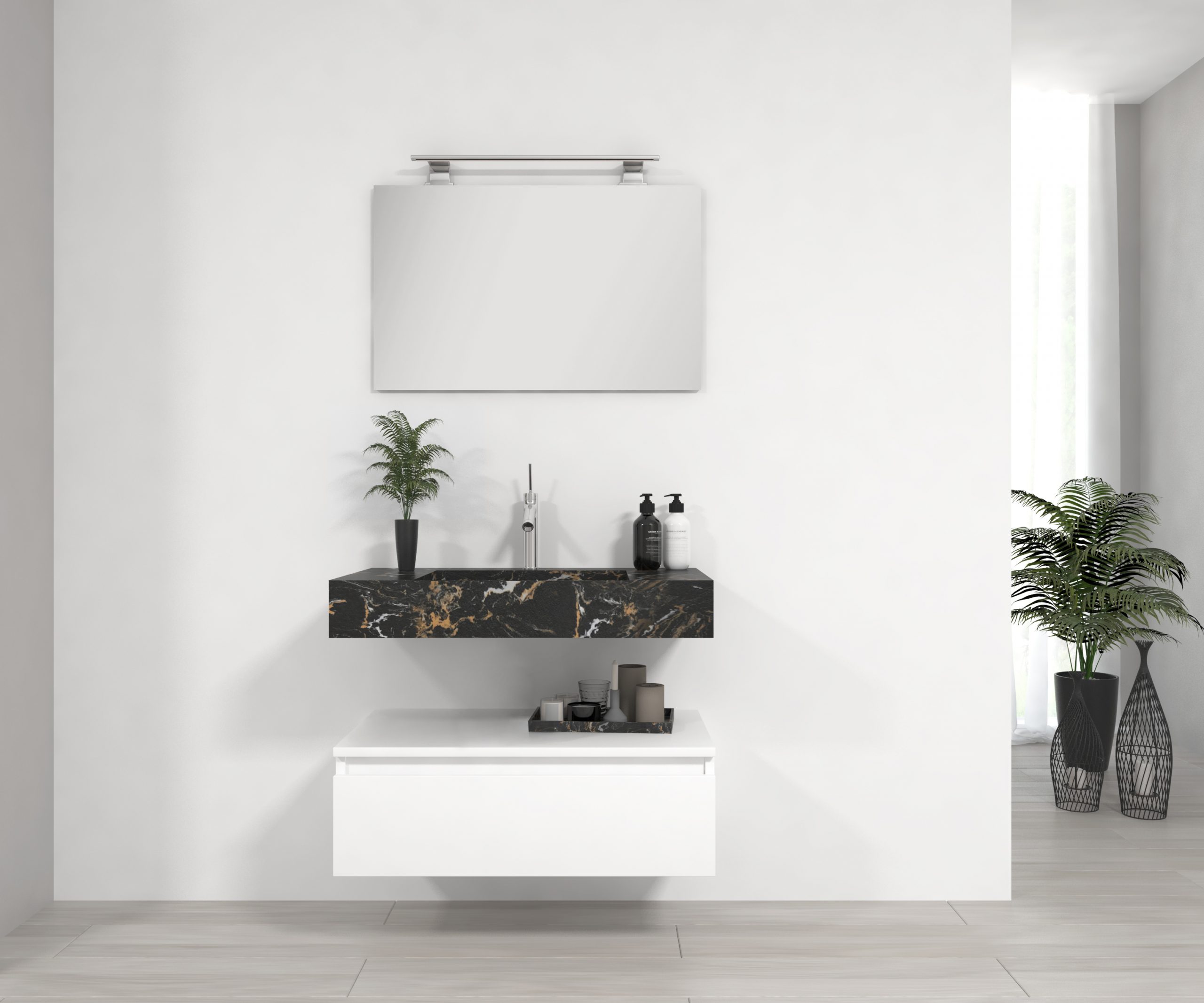 Pack Venus con lavabo de mármol compacto, espejo y foco led