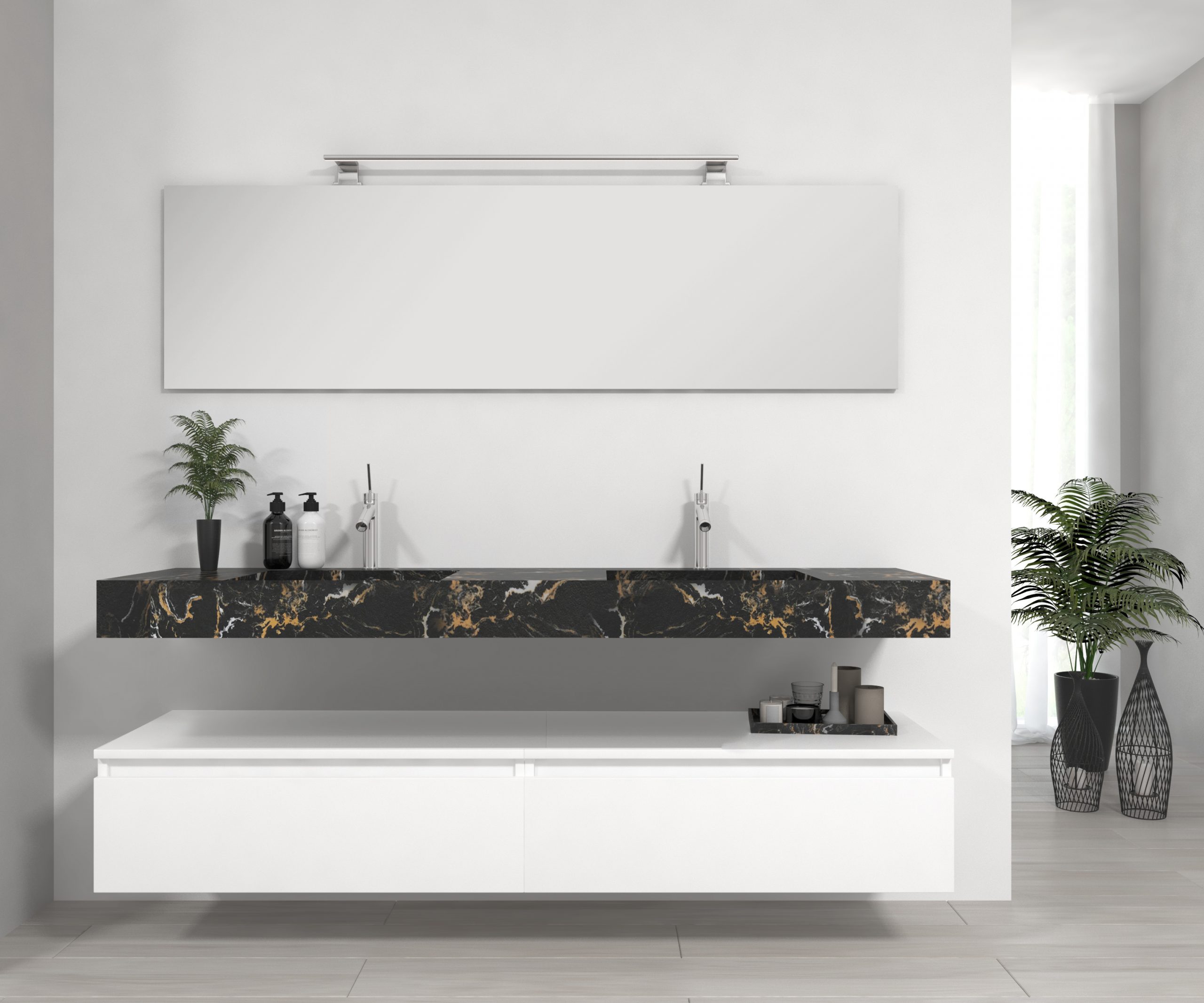 Pack Venus con lavabo mármol compacto doble seno, espejo y foco led