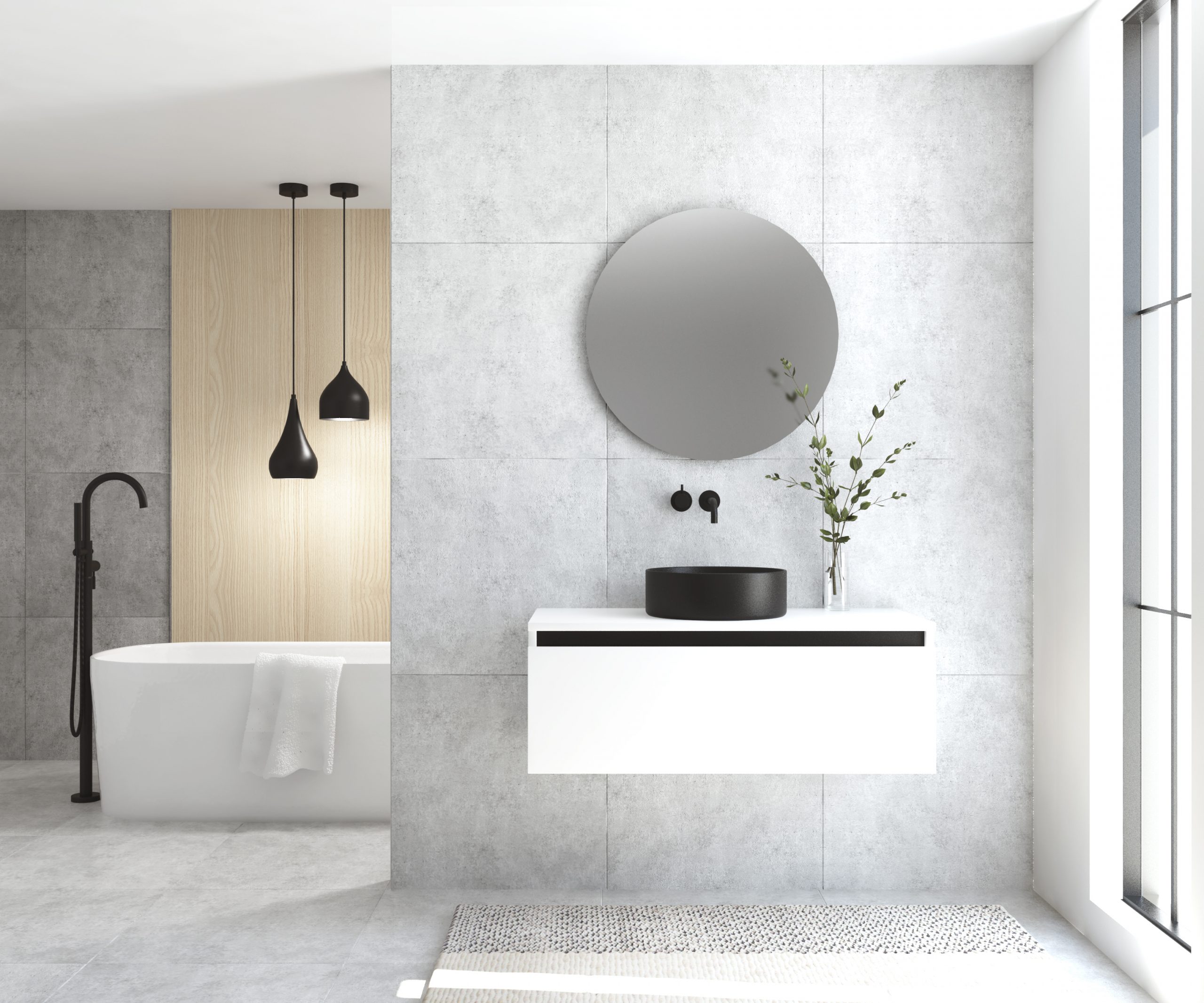 Pack MONTET + lavabo noir + miroir rond avec éclairage LED