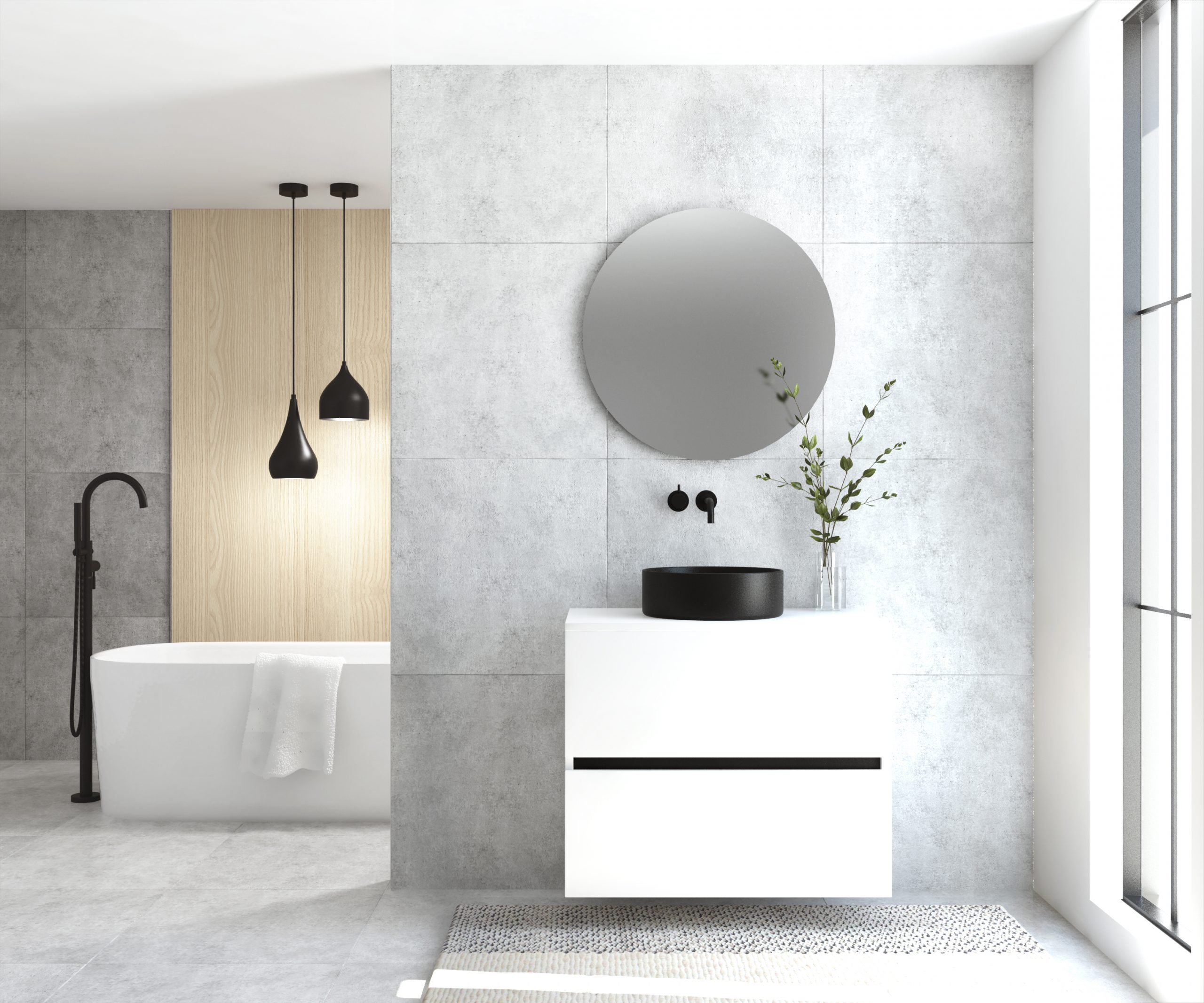 Pack MONTET : 2 niveaux + vases noirs + miroir rond à LED