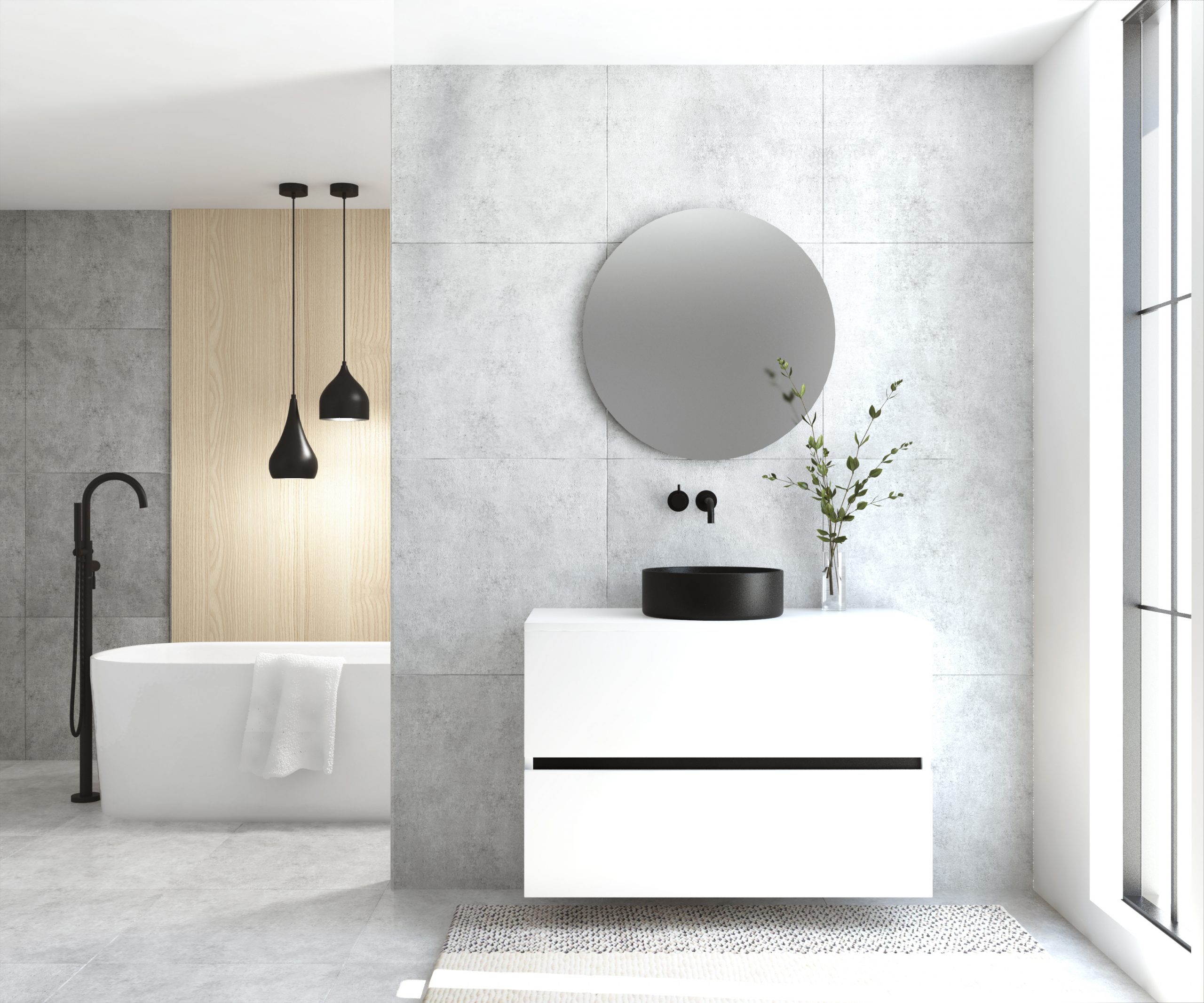 Pack MONTET : 2 niveaux + vases noirs + miroir rond à LED