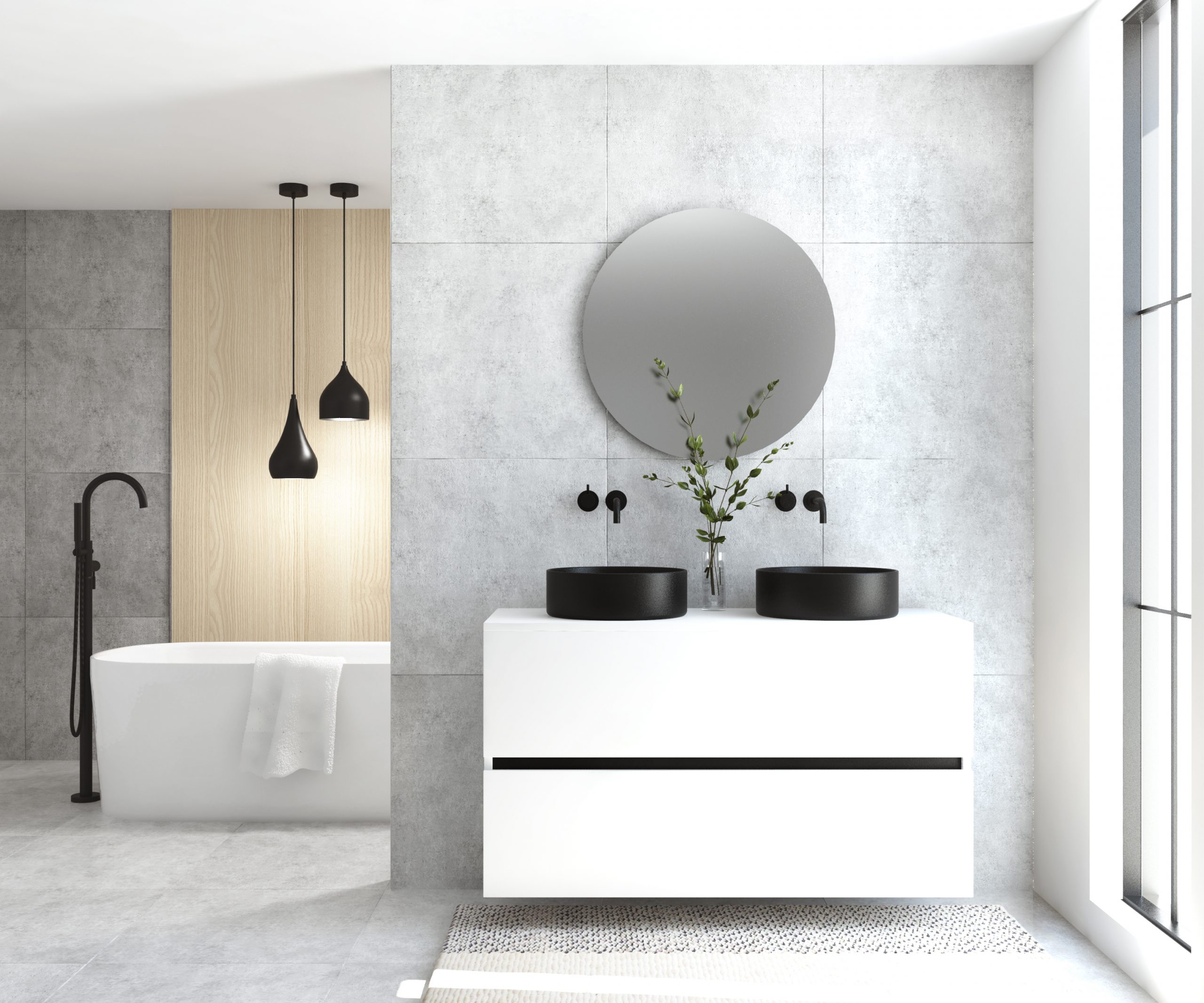 Pack MONTET : 2 niveaux + vases noirs + miroir rond à LED