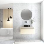 Pack MONTET + lavabo noir + miroir rond avec éclairage LED