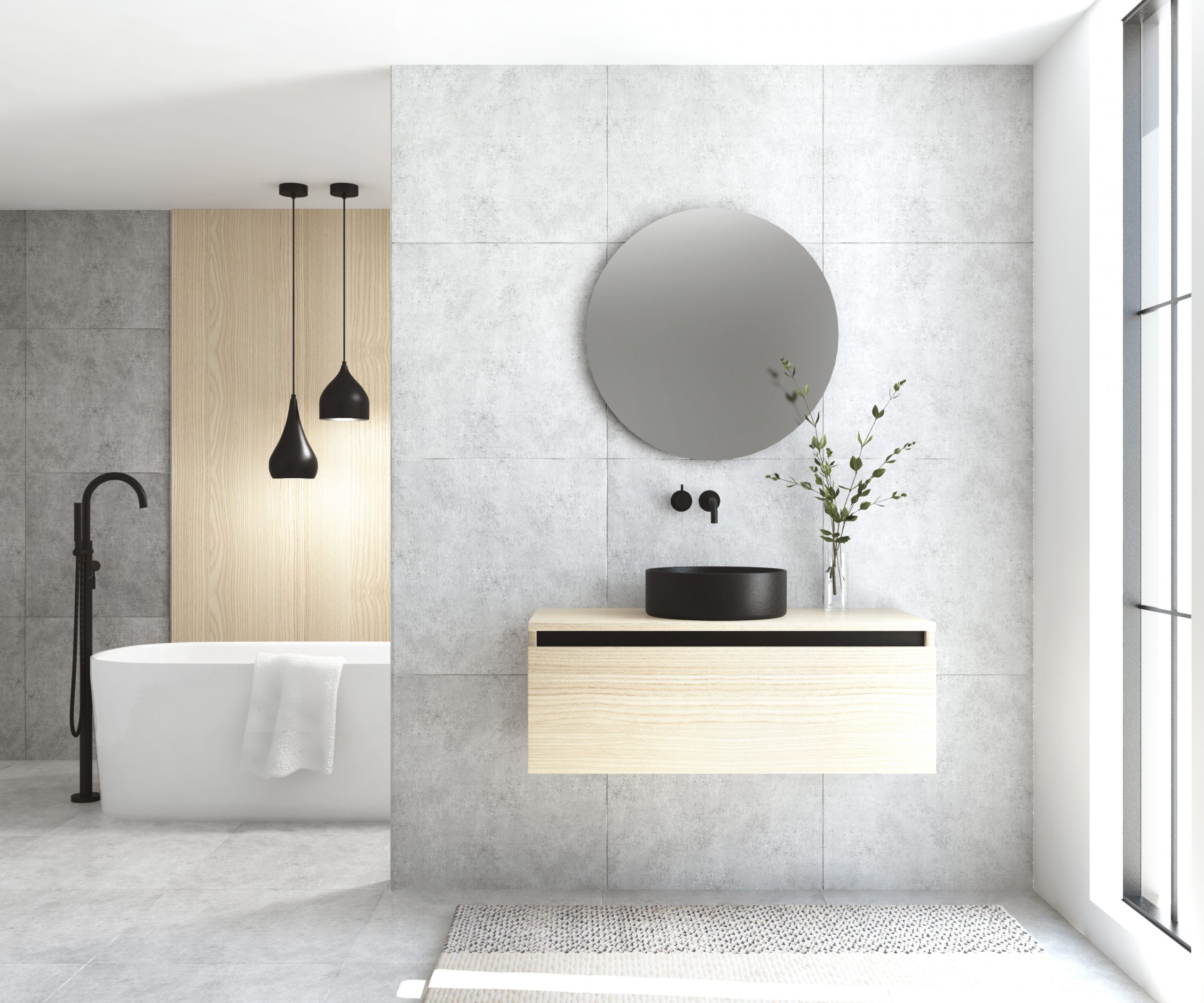 Pack MONTET + lavabo noir + miroir rond avec éclairage LED