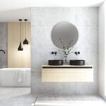 Pack MONTET + lavabo noir + miroir rond avec éclairage LED