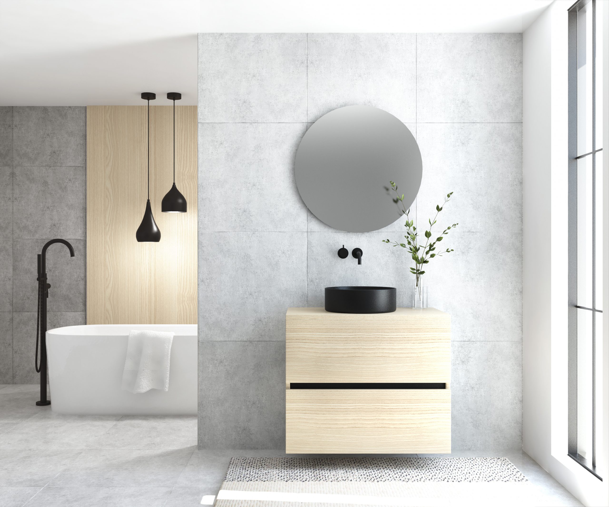 Pack MONTET : 2 niveaux + vases noirs + miroir rond à LED