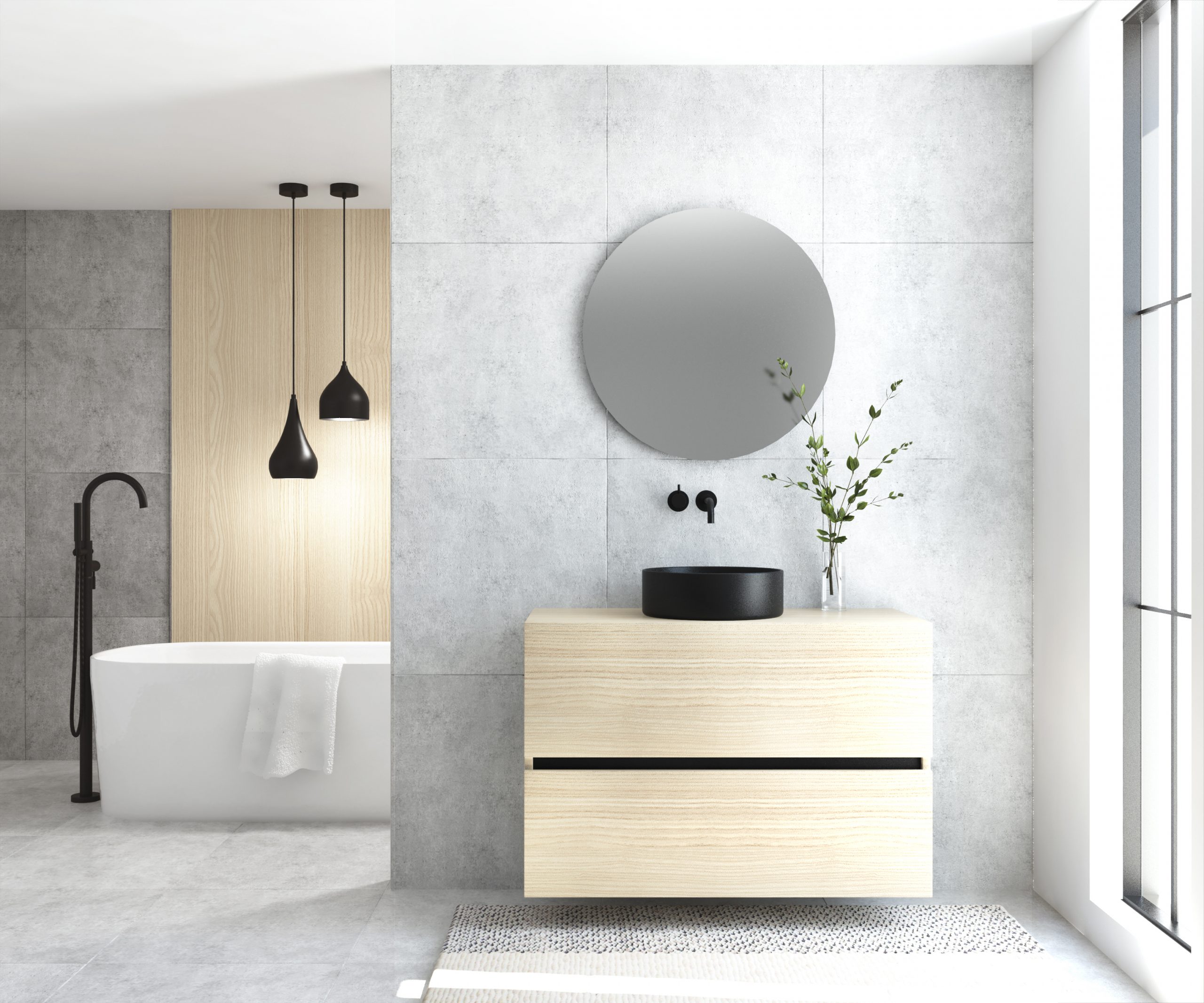 Pack MONTET : 2 niveaux + vases noirs + miroir rond à LED