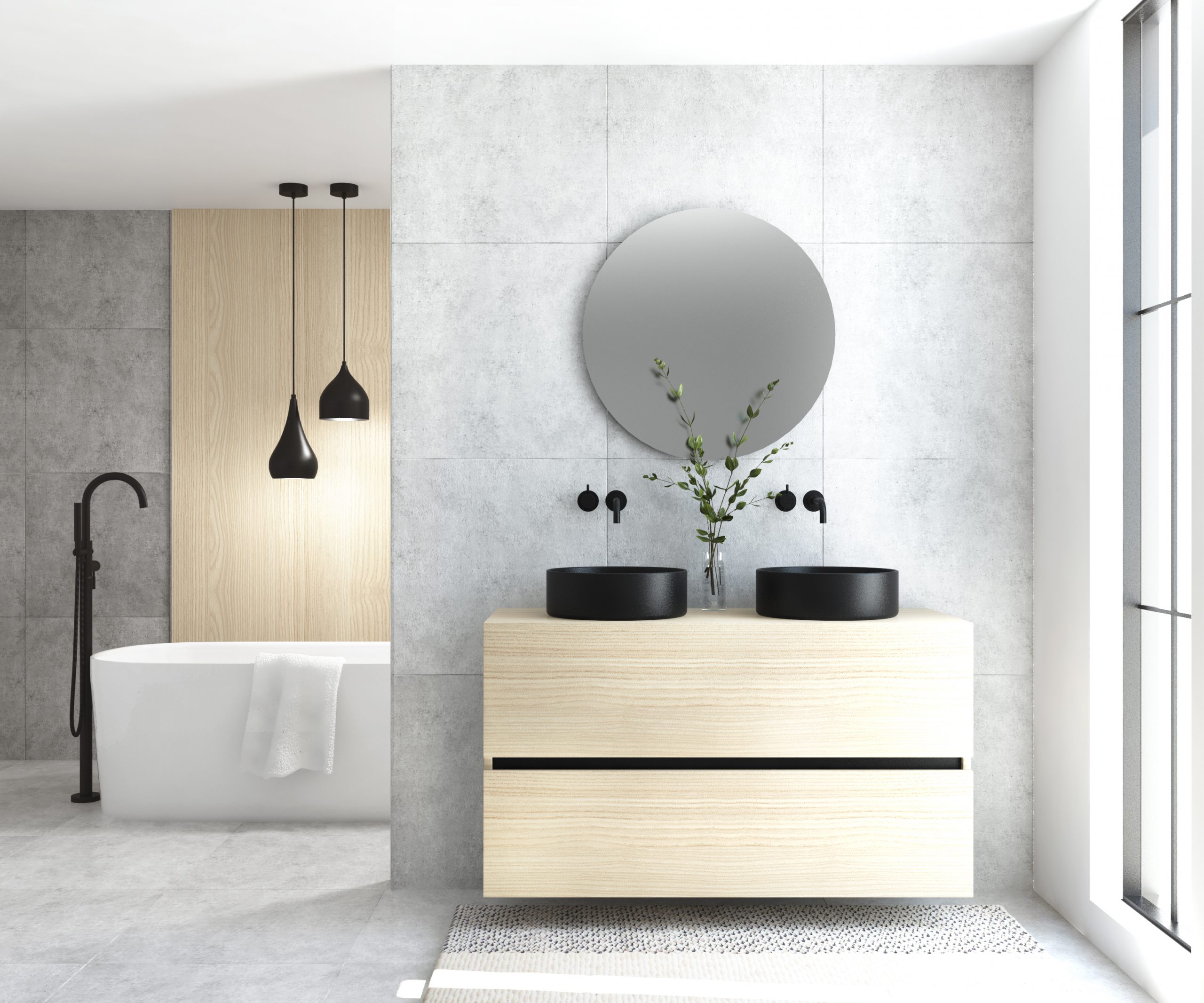 Pack MONTET : 2 niveaux + vases noirs + miroir rond à LED