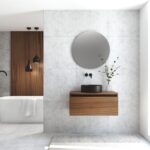 Pack MONTET + lavabo noir + miroir rond avec éclairage LED