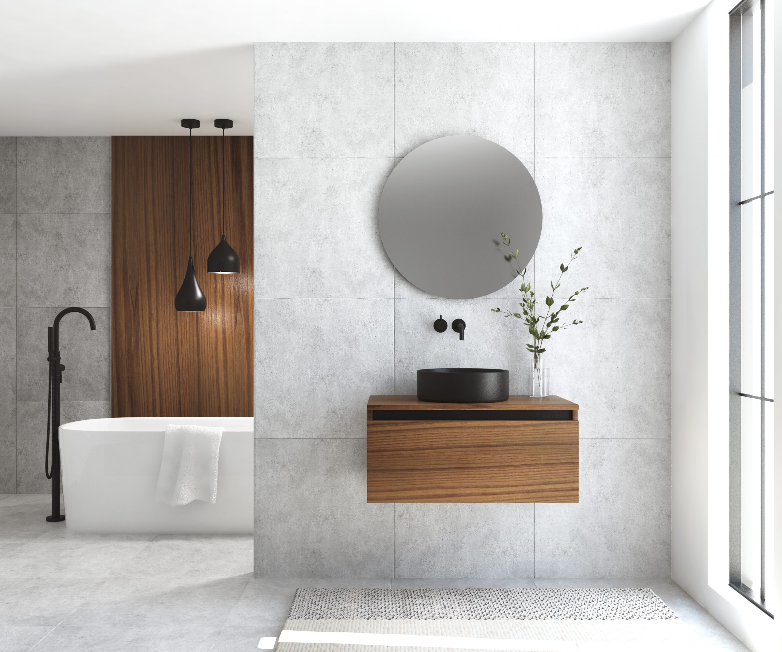 Pack MONTET + lavabo noir + miroir rond avec éclairage LED