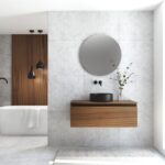 Pack MONTET + lavabo noir + miroir rond avec éclairage LED