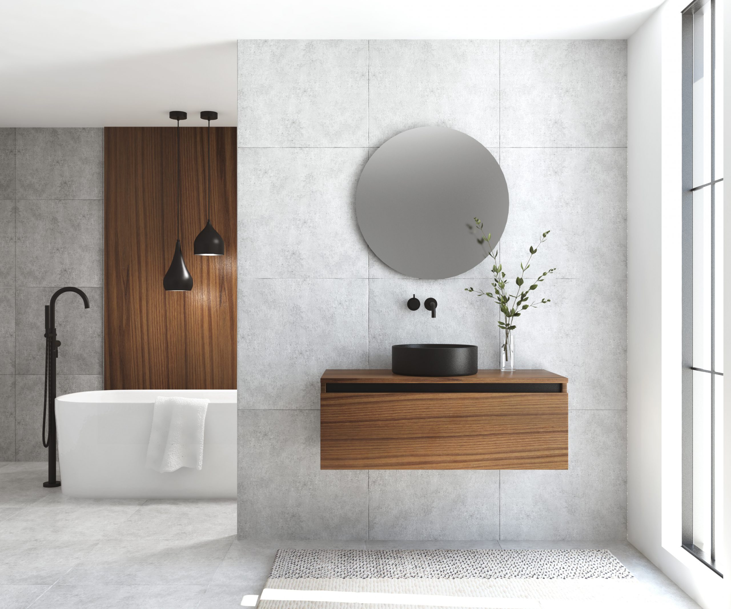 Pack MONTET + lavabo noir + miroir rond avec éclairage LED