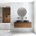 Pack MONTET + lavabo noir + miroir rond avec éclairage LED