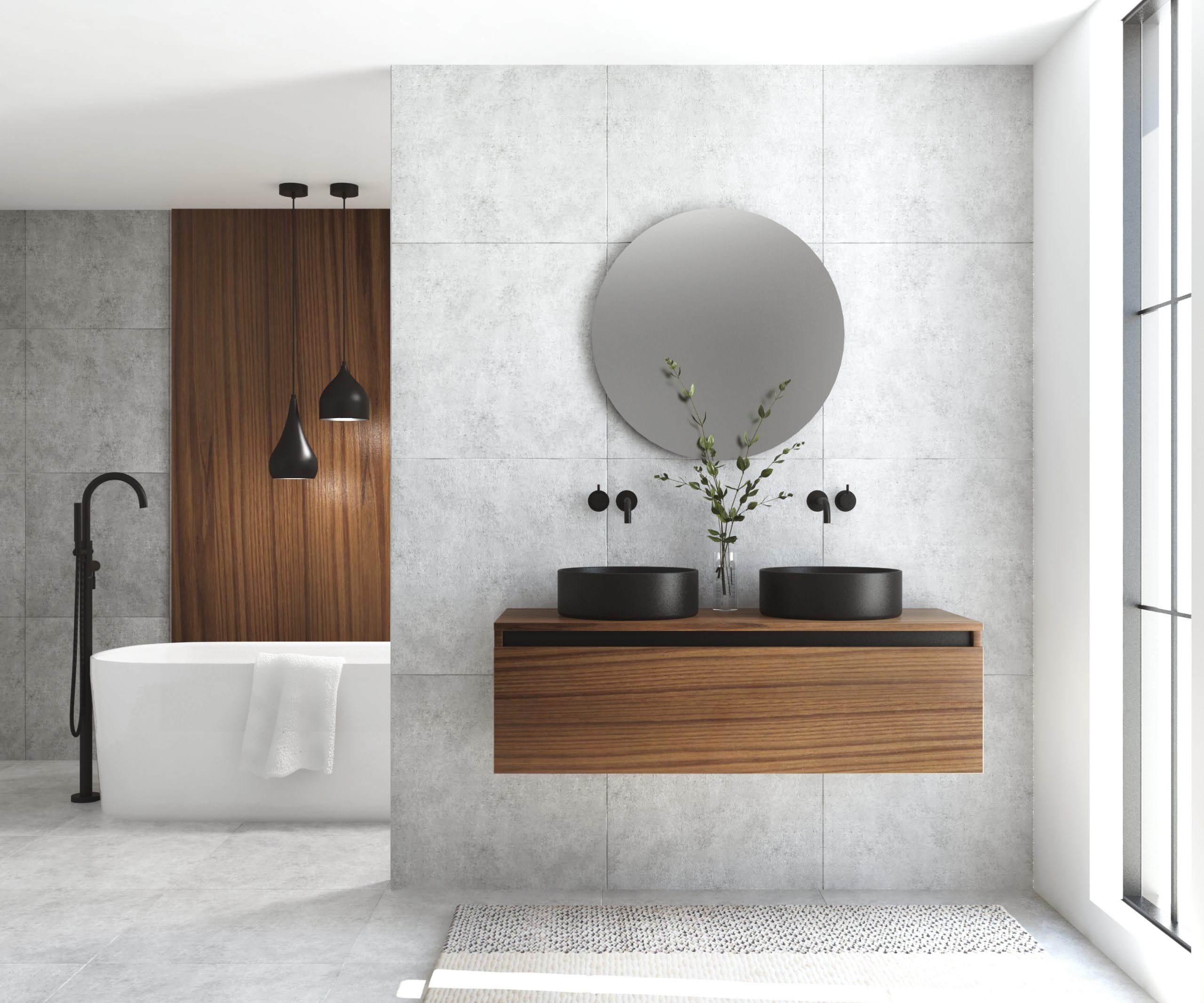 Pack MONTET + lavabo noir + miroir rond avec éclairage LED