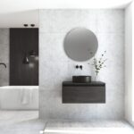 Pack MONTET + lavabo noir + miroir rond avec éclairage LED