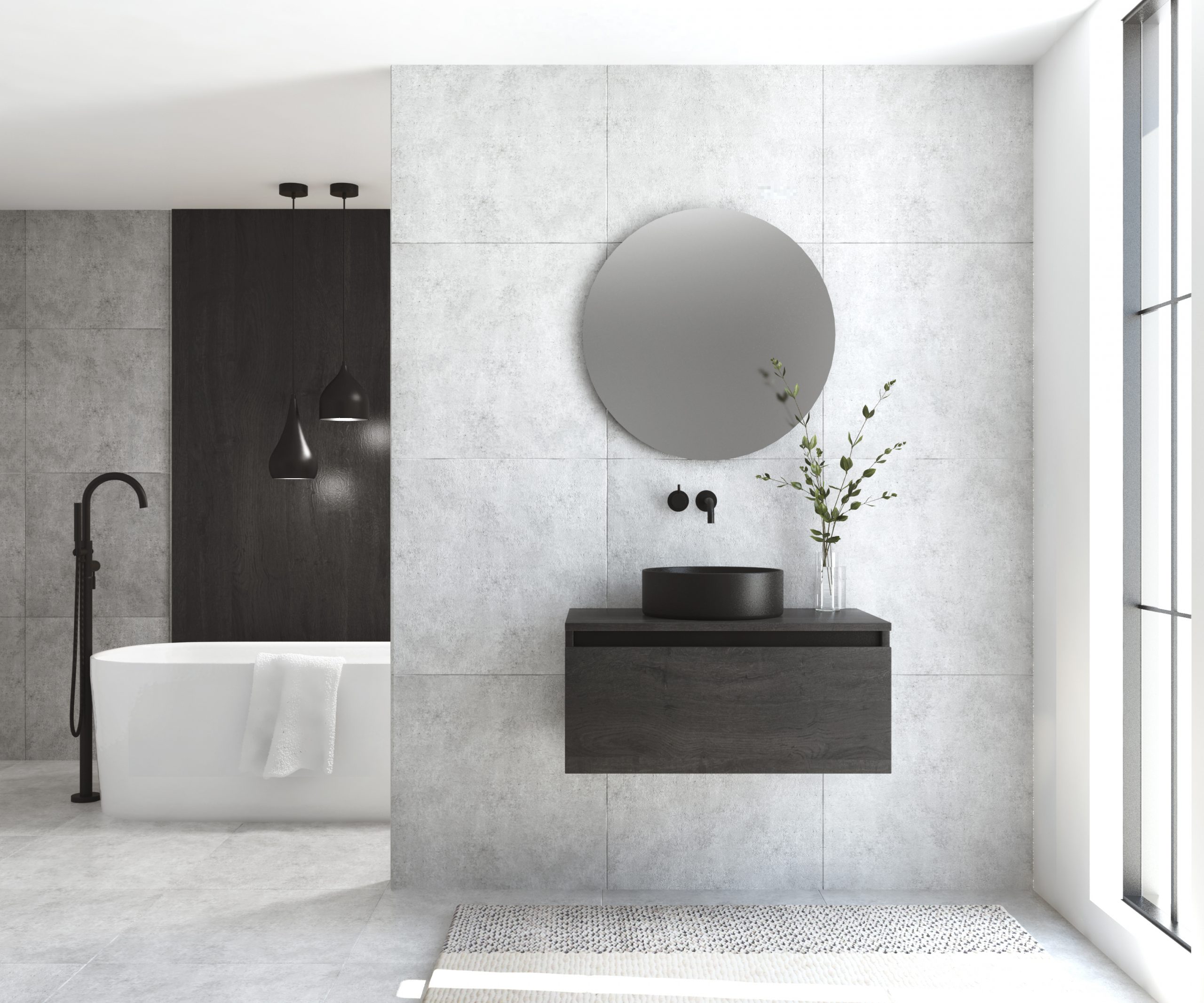 Pack MONTET + lavabo noir + miroir rond avec éclairage LED