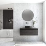 Pack MONTET + lavabo noir + miroir rond avec éclairage LED