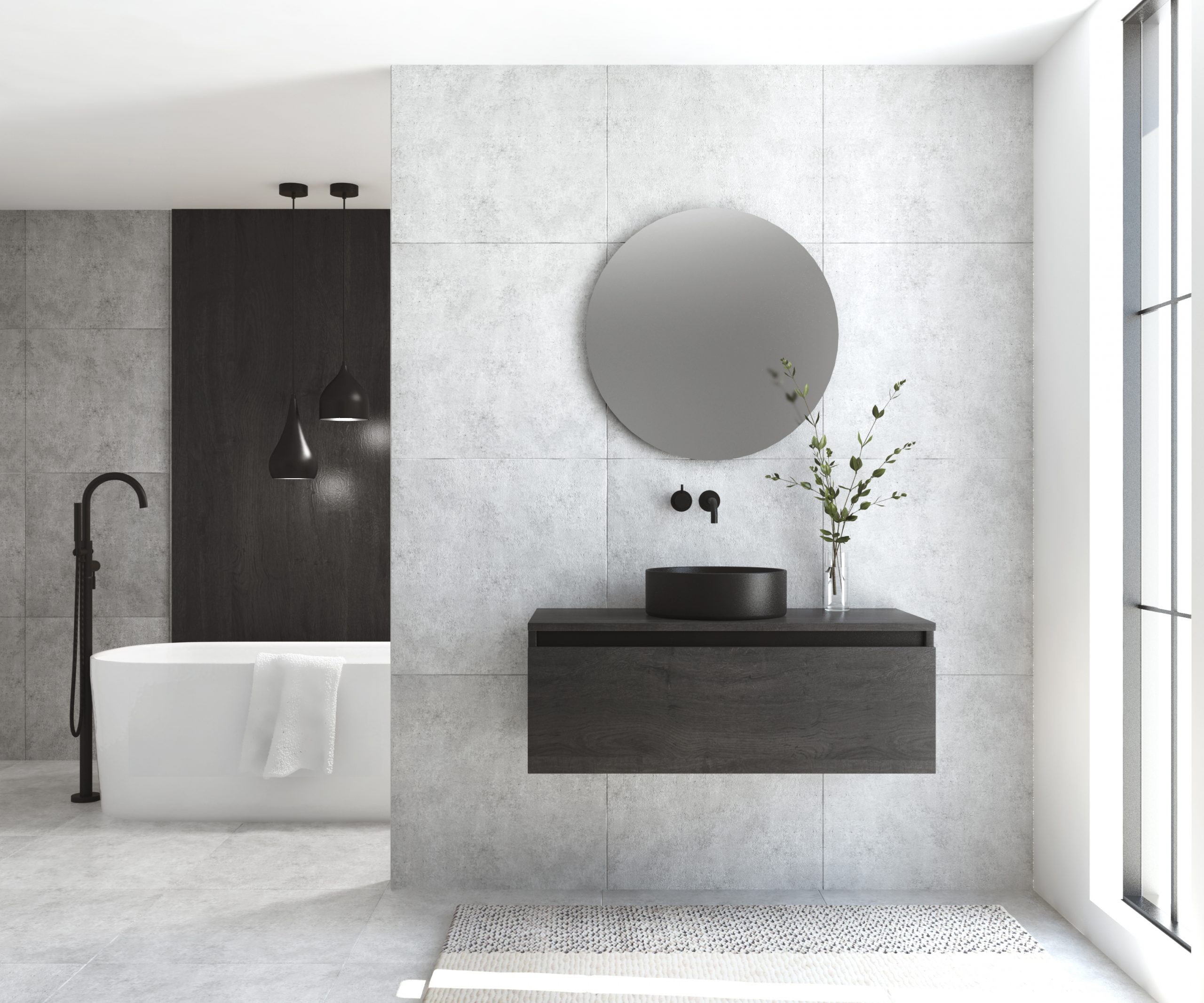 Pack MONTET + lavabo noir + miroir rond avec éclairage LED