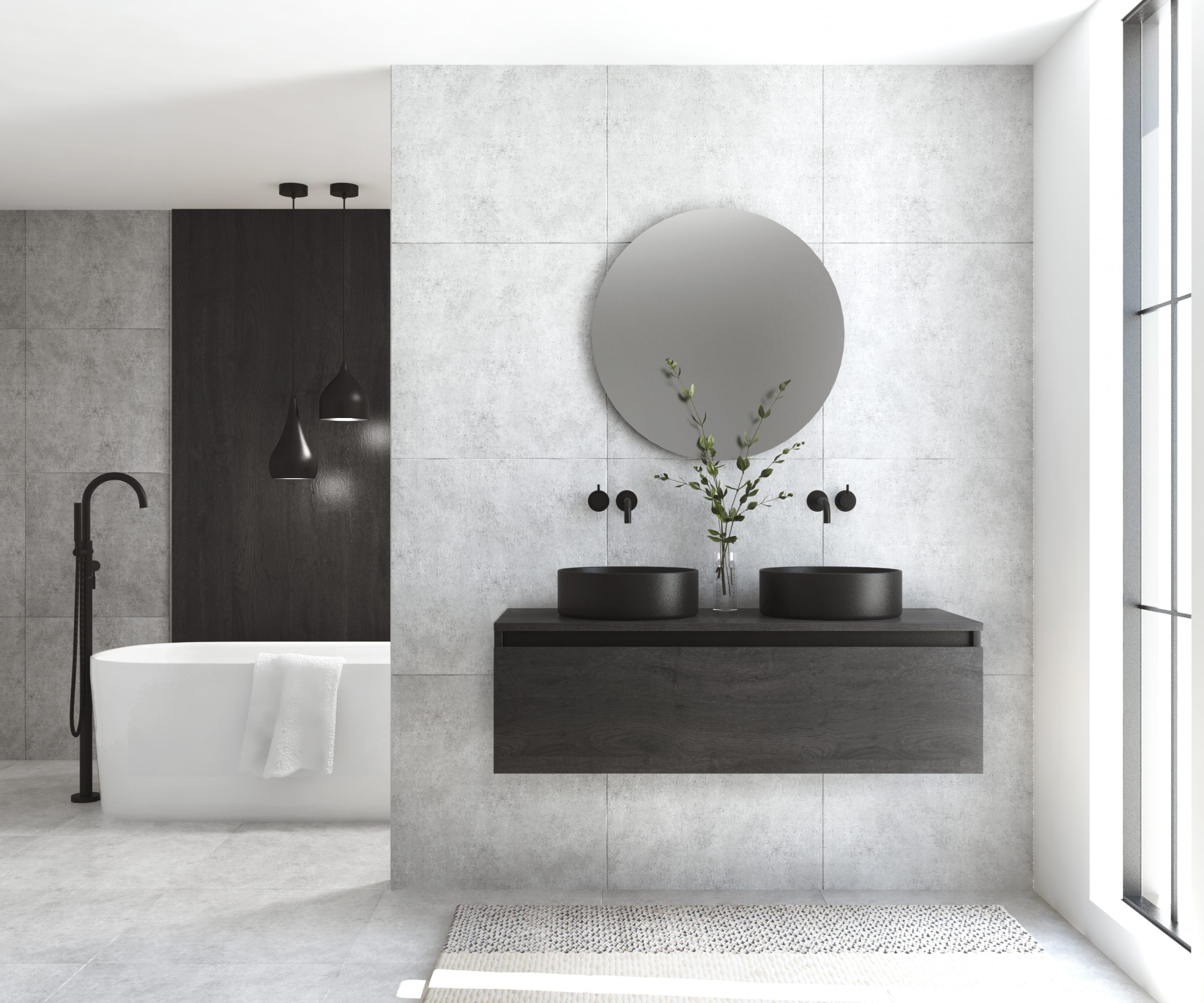 Pack MONTET + lavabo noir + miroir rond avec éclairage LED