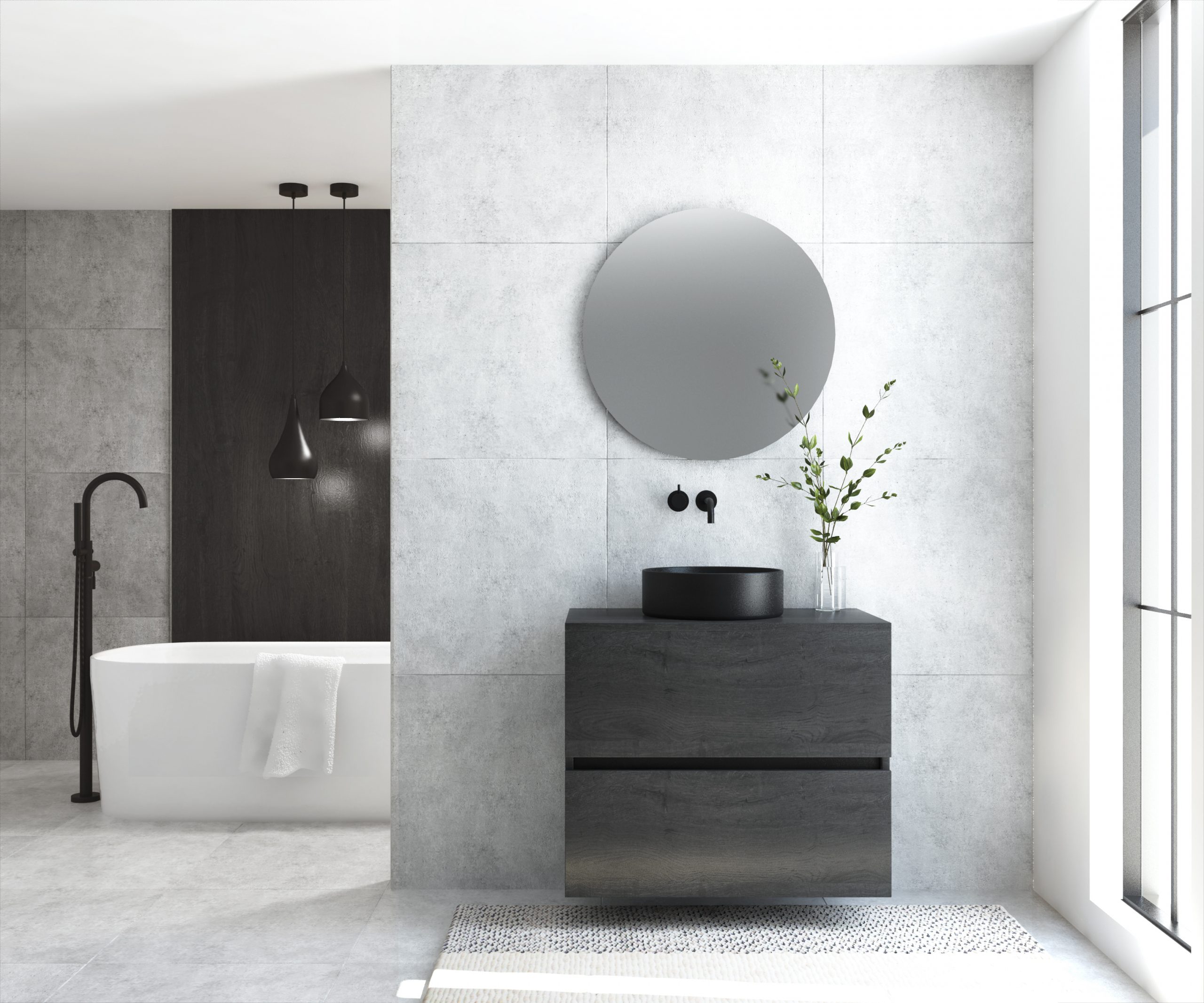 Pack MONTET : 2 niveaux + vases noirs + miroir rond à LED