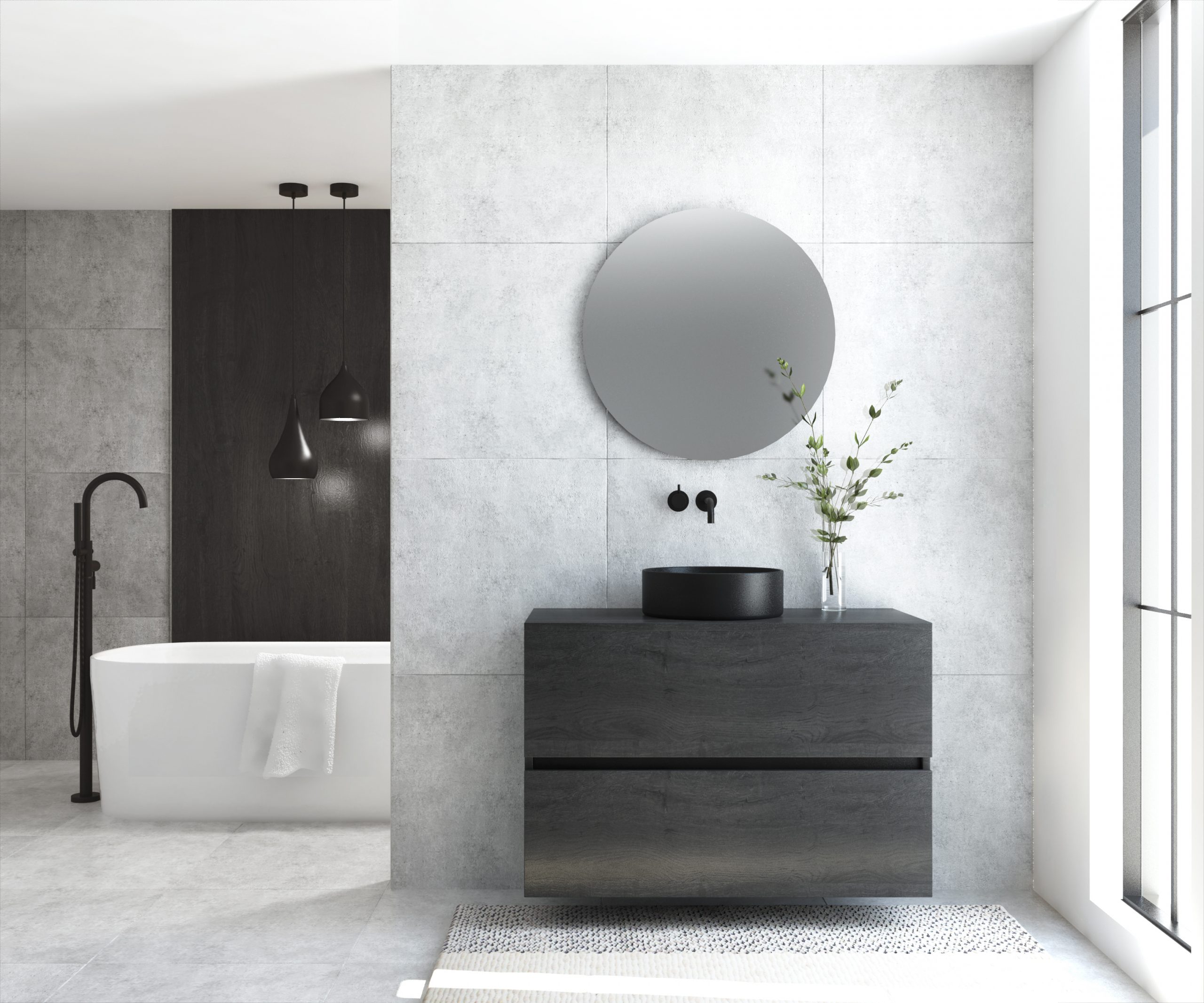 Pack MONTET : 2 niveaux + vases noirs + miroir rond à LED