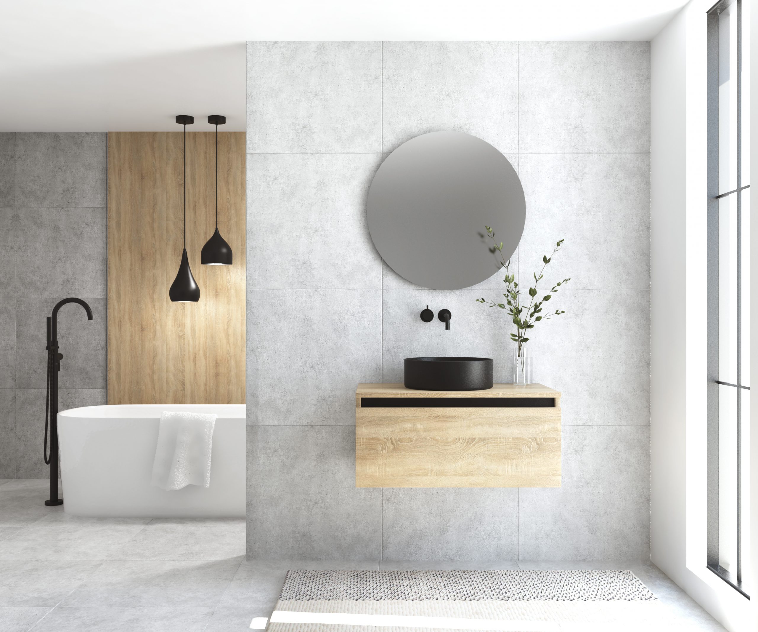 Pack MONTET + lavabo noir + miroir rond avec éclairage LED