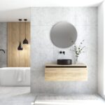 Pack MONTET + lavabo noir + miroir rond avec éclairage LED