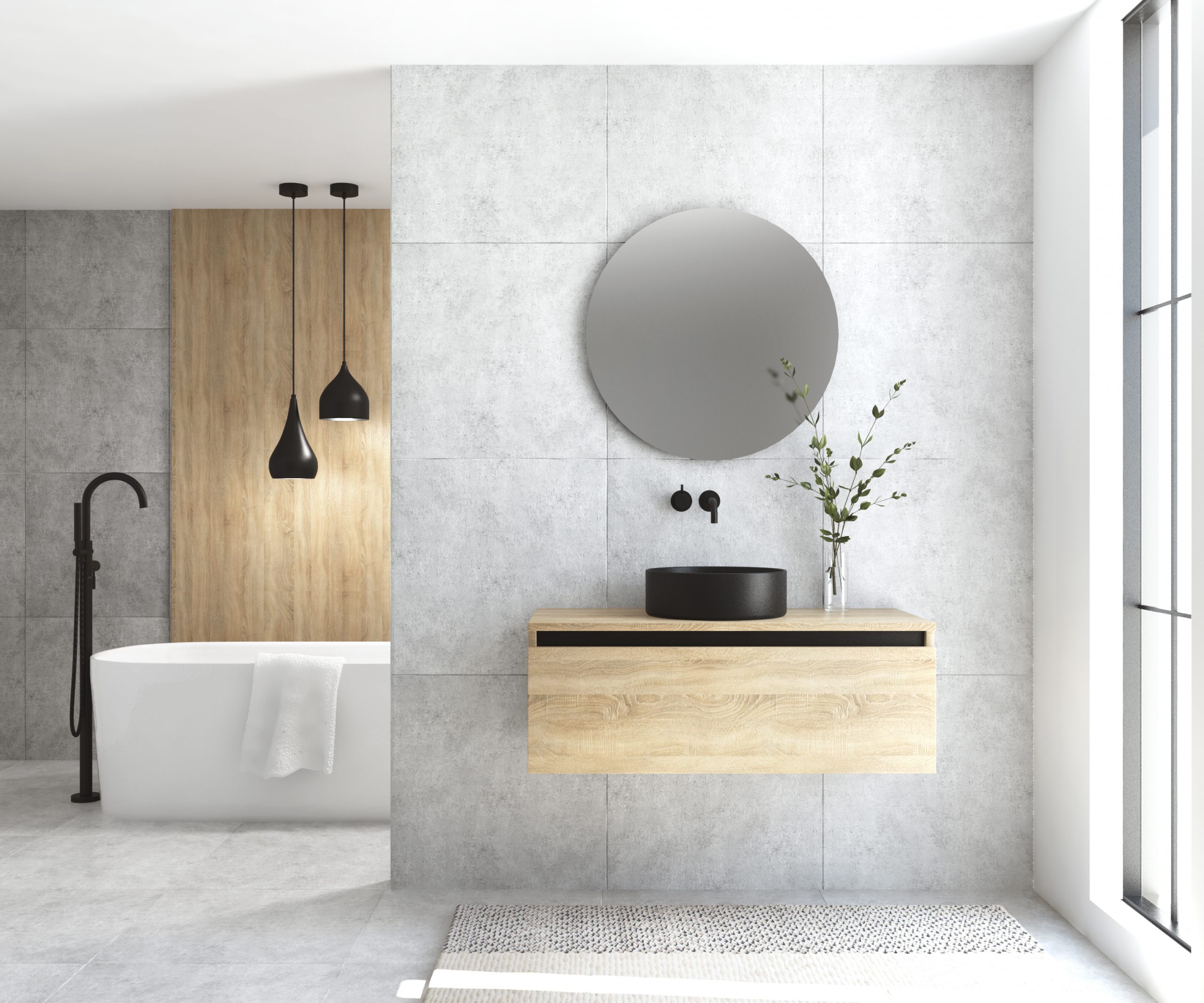 Pack MONTET + lavabo noir + miroir rond avec éclairage LED