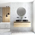 Pack MONTET + lavabo noir + miroir rond avec éclairage LED