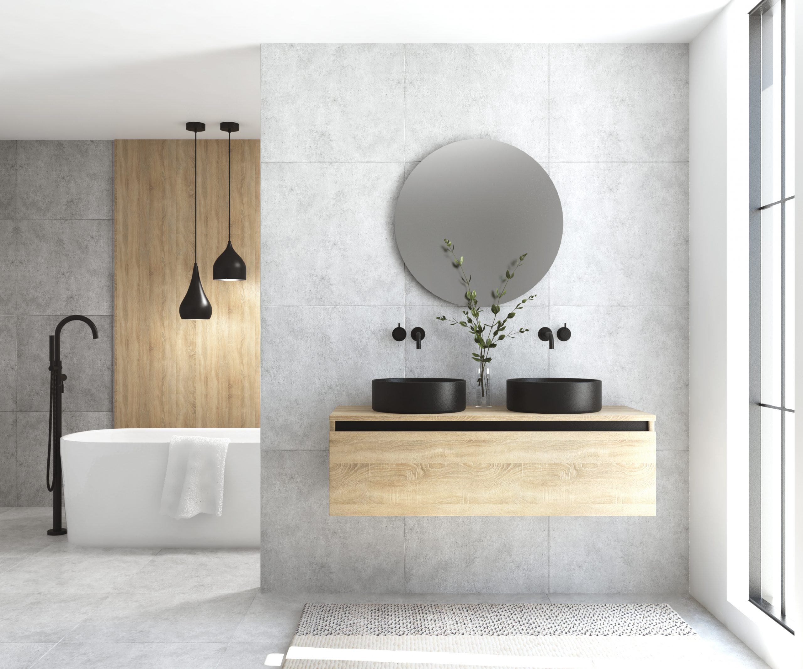 Pack MONTET + lavabo noir + miroir rond avec éclairage LED