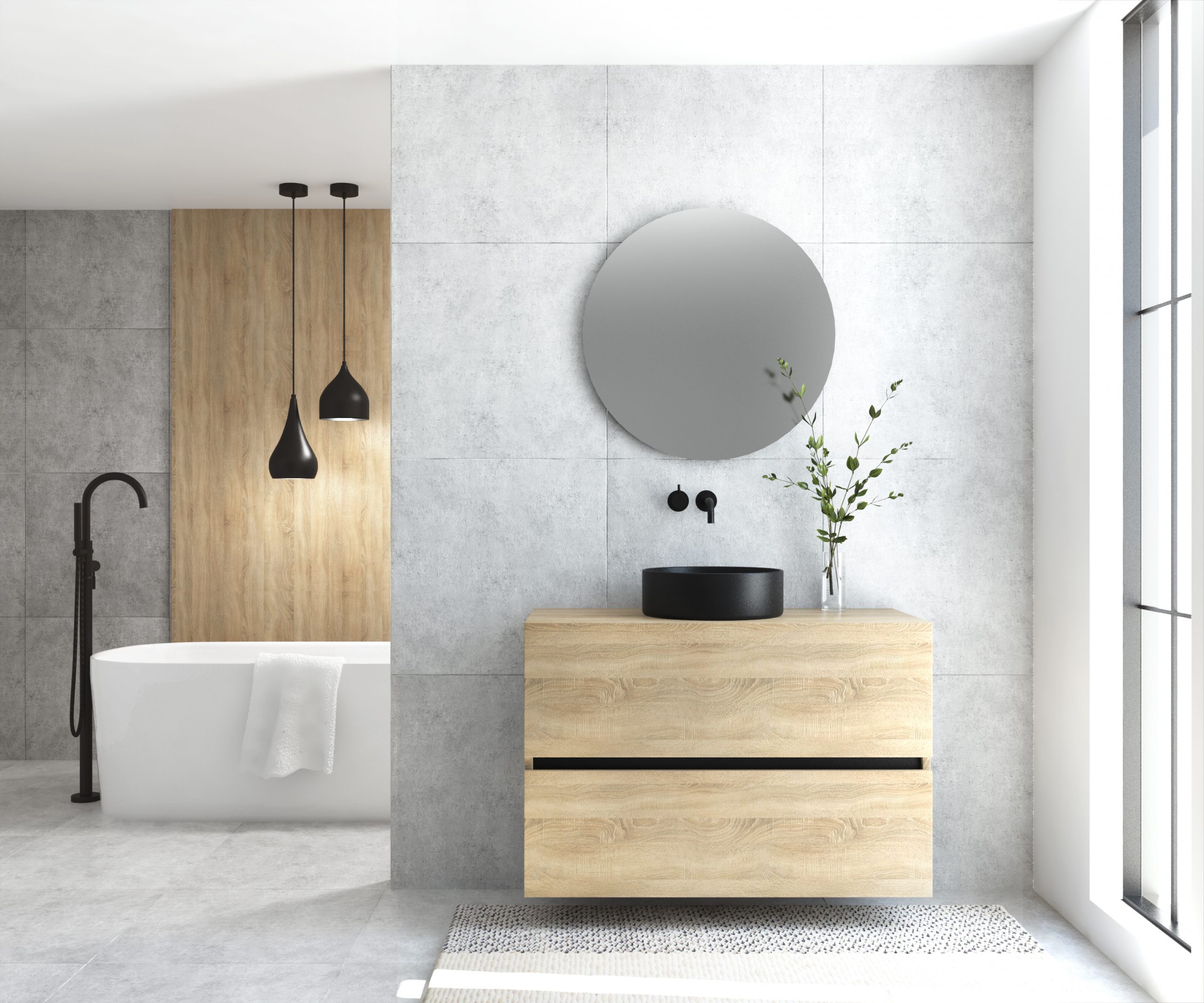 Pack MONTET : 2 niveaux + vases noirs + miroir rond à LED