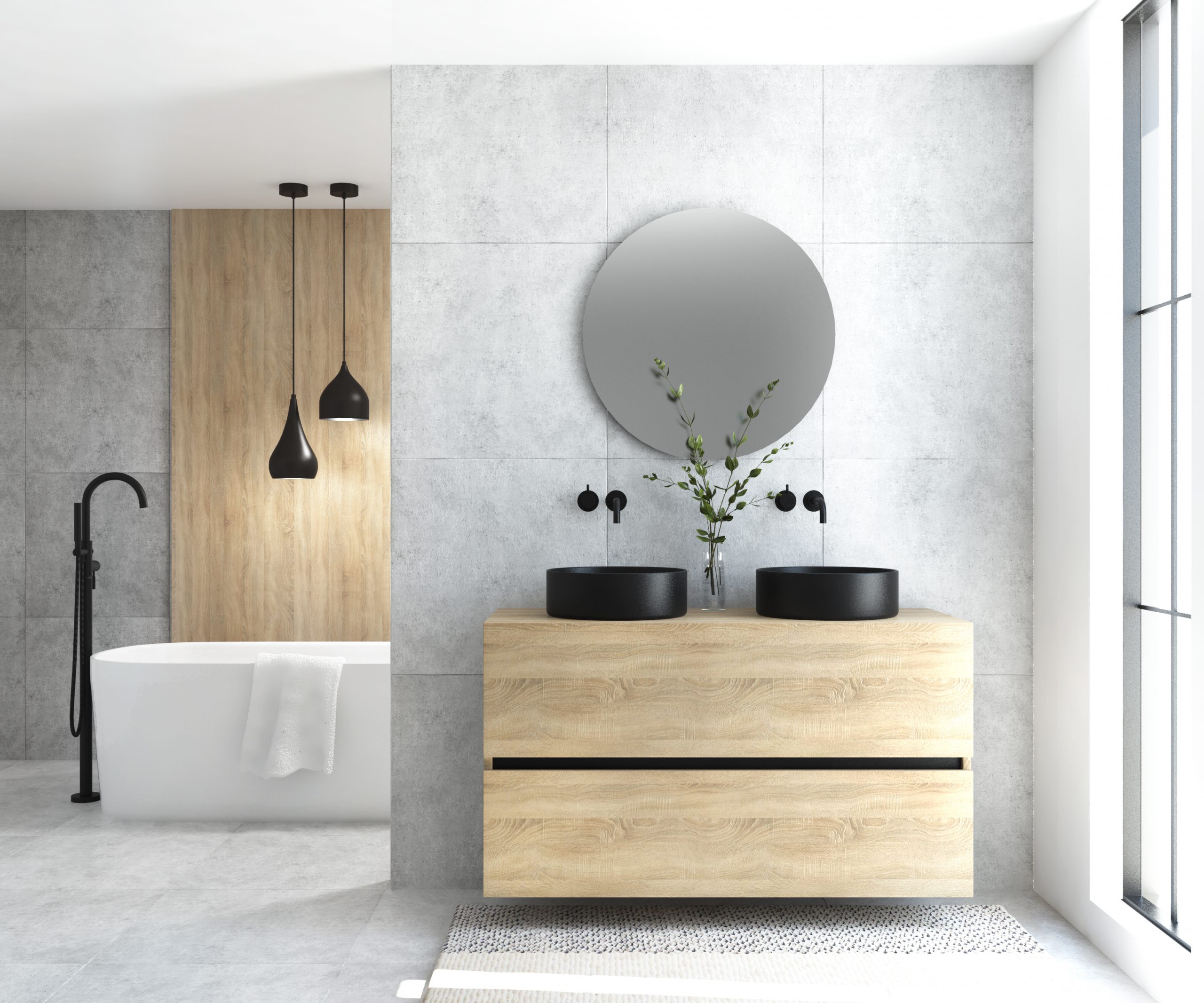 Pack MONTET : 2 niveaux + vases noirs + miroir rond à LED