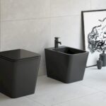 Toilettes compactes noires avec tapis