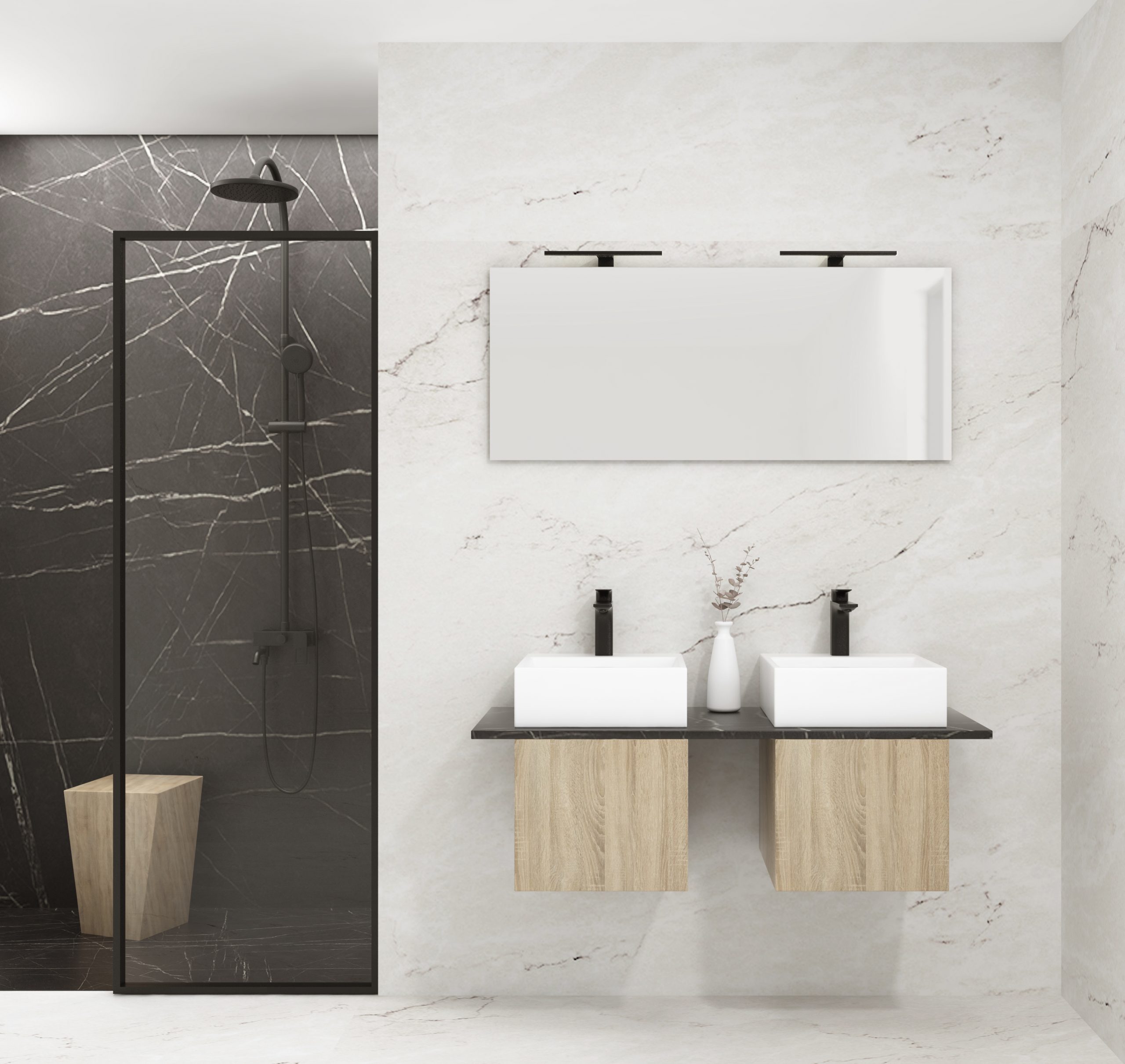 Pack VANOISE + double vasque + miroir simple + spot LED