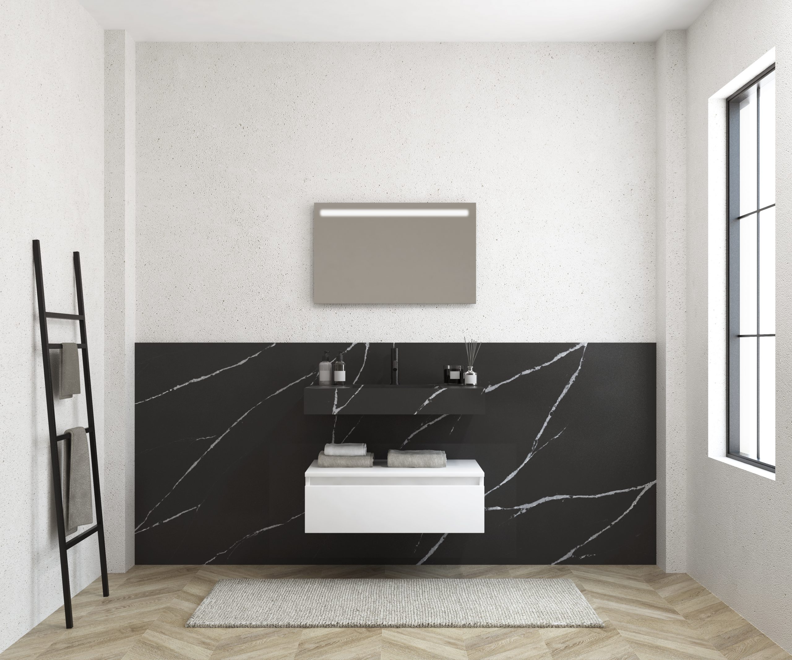 Pack MERVEILLES marquina + lavabo suspendido SILESTONE + espejo LED
