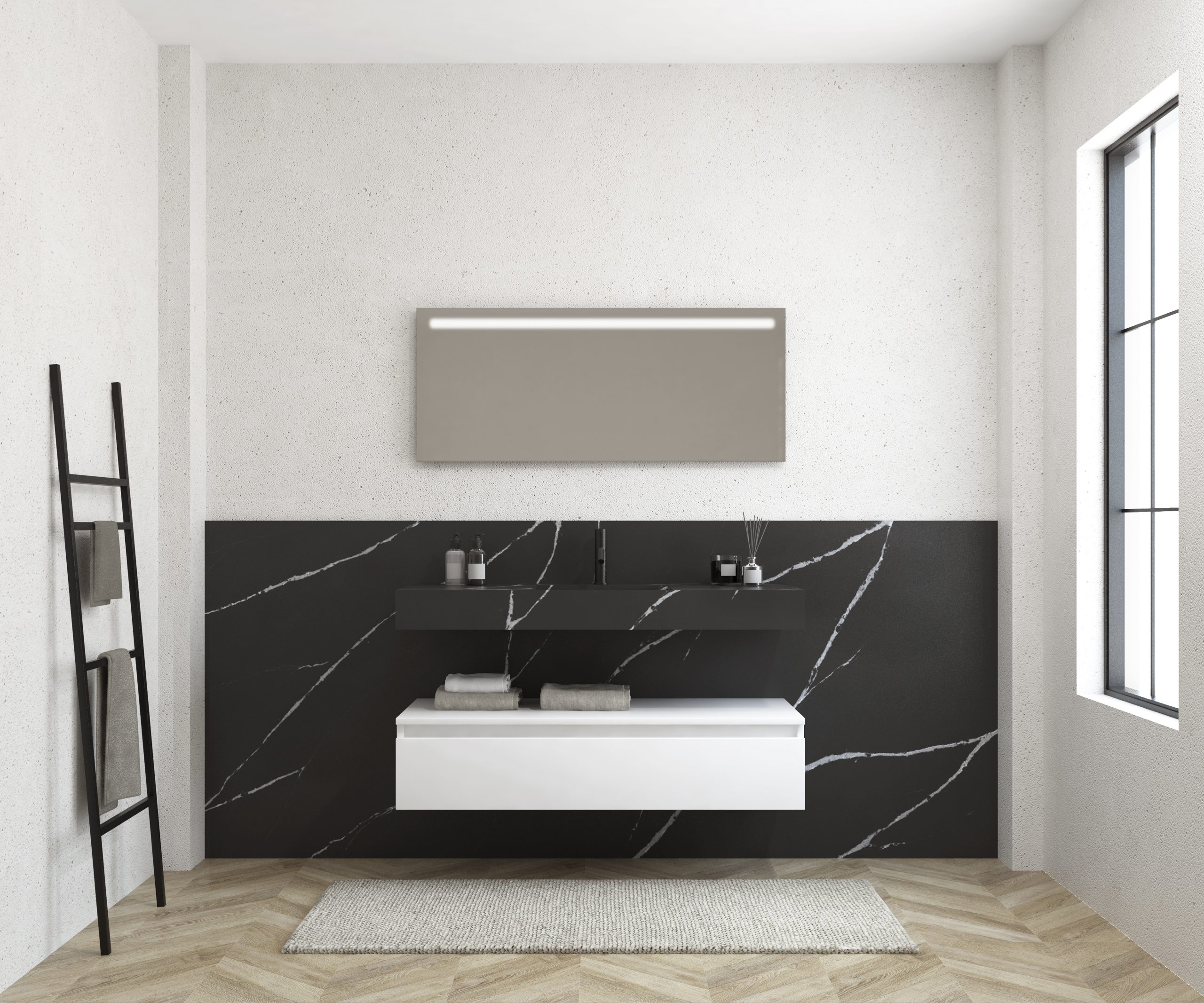Pack MERVEILLES marquina + lavabo suspendido SILESTONE + espejo LED