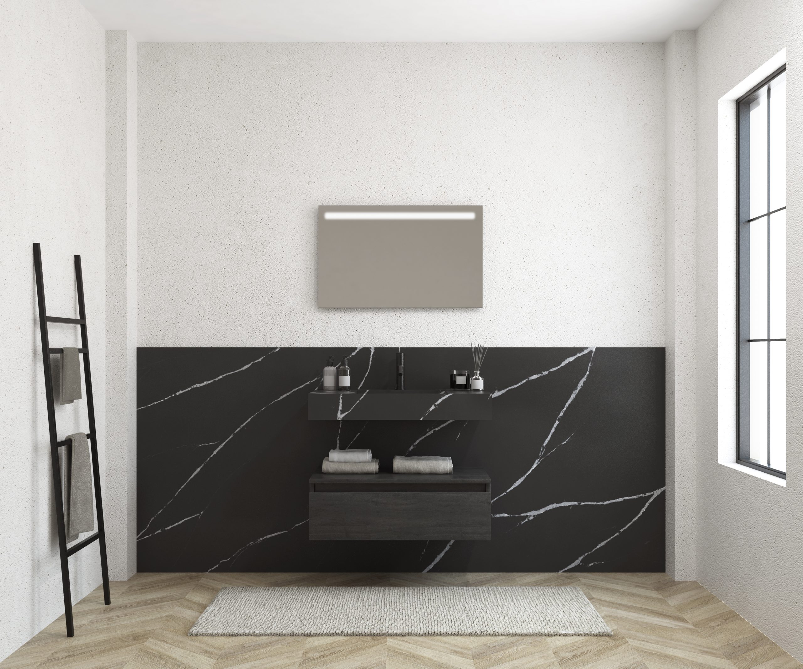 Pack MERVEILLES marquina + lavabo suspendido SILESTONE + espejo LED