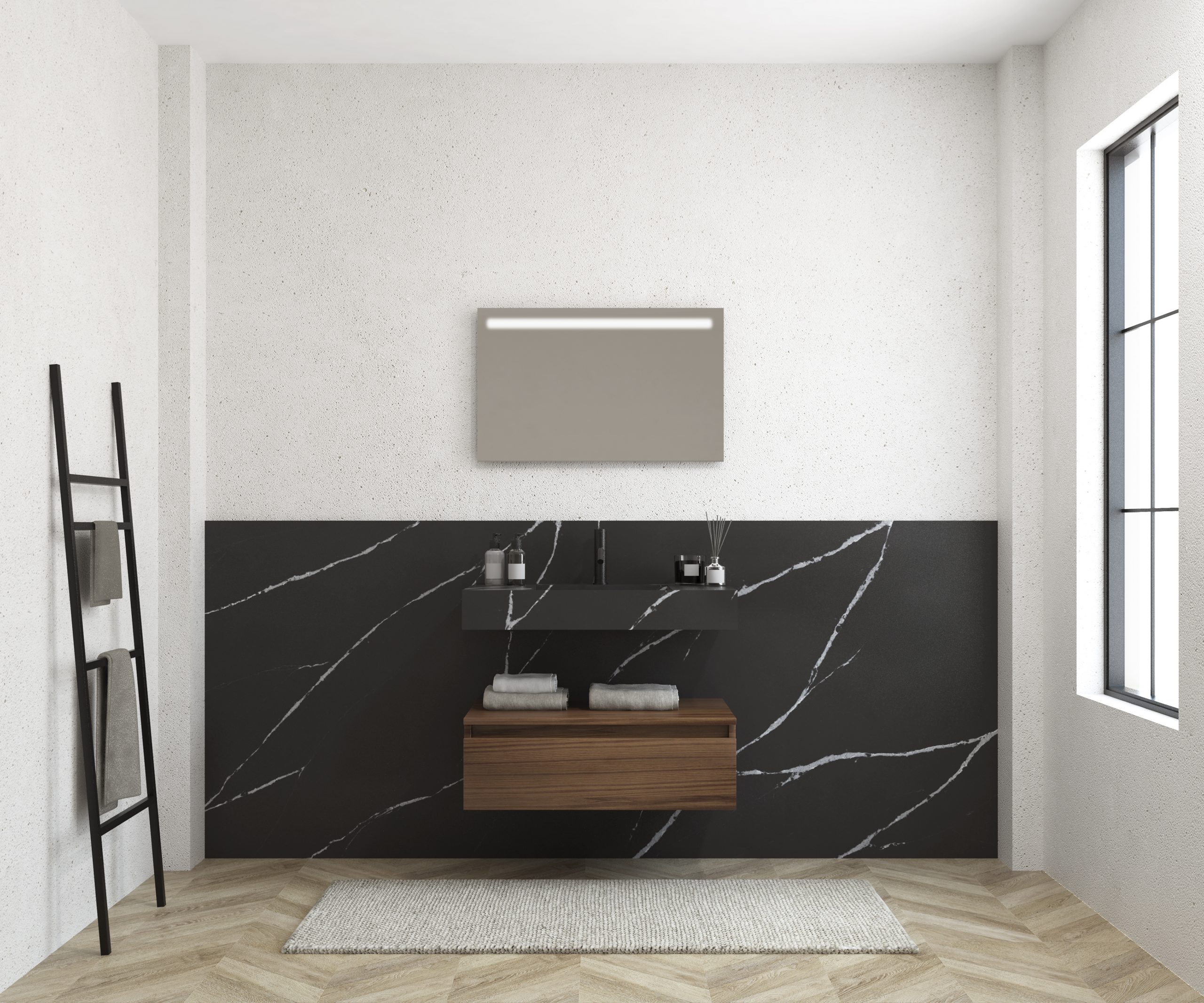 Pack MERVEILLES marquina + lavabo suspendido SILESTONE + espejo LED