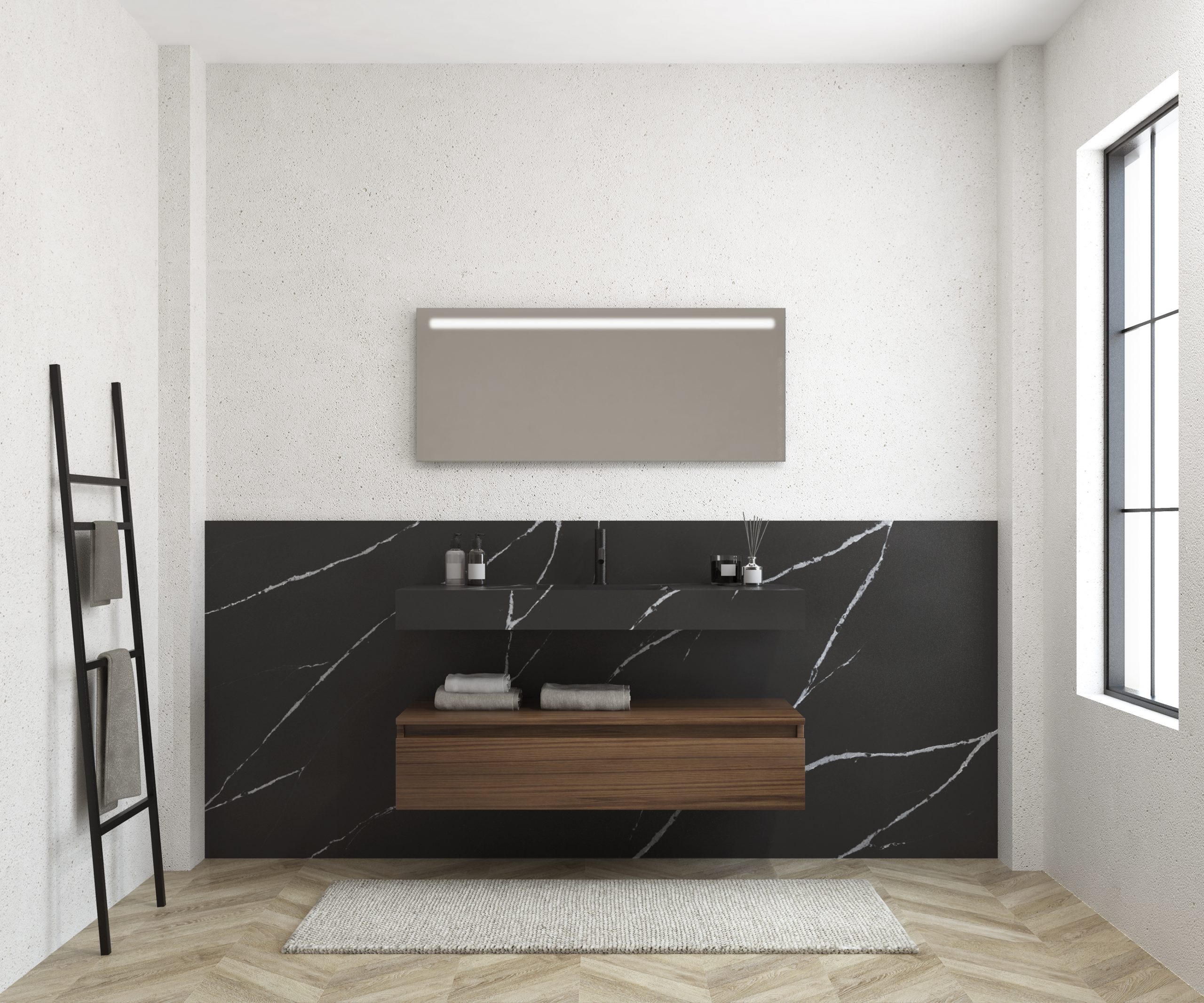 Pack MERVEILLES marquina + lavabo suspendido SILESTONE + espejo LED