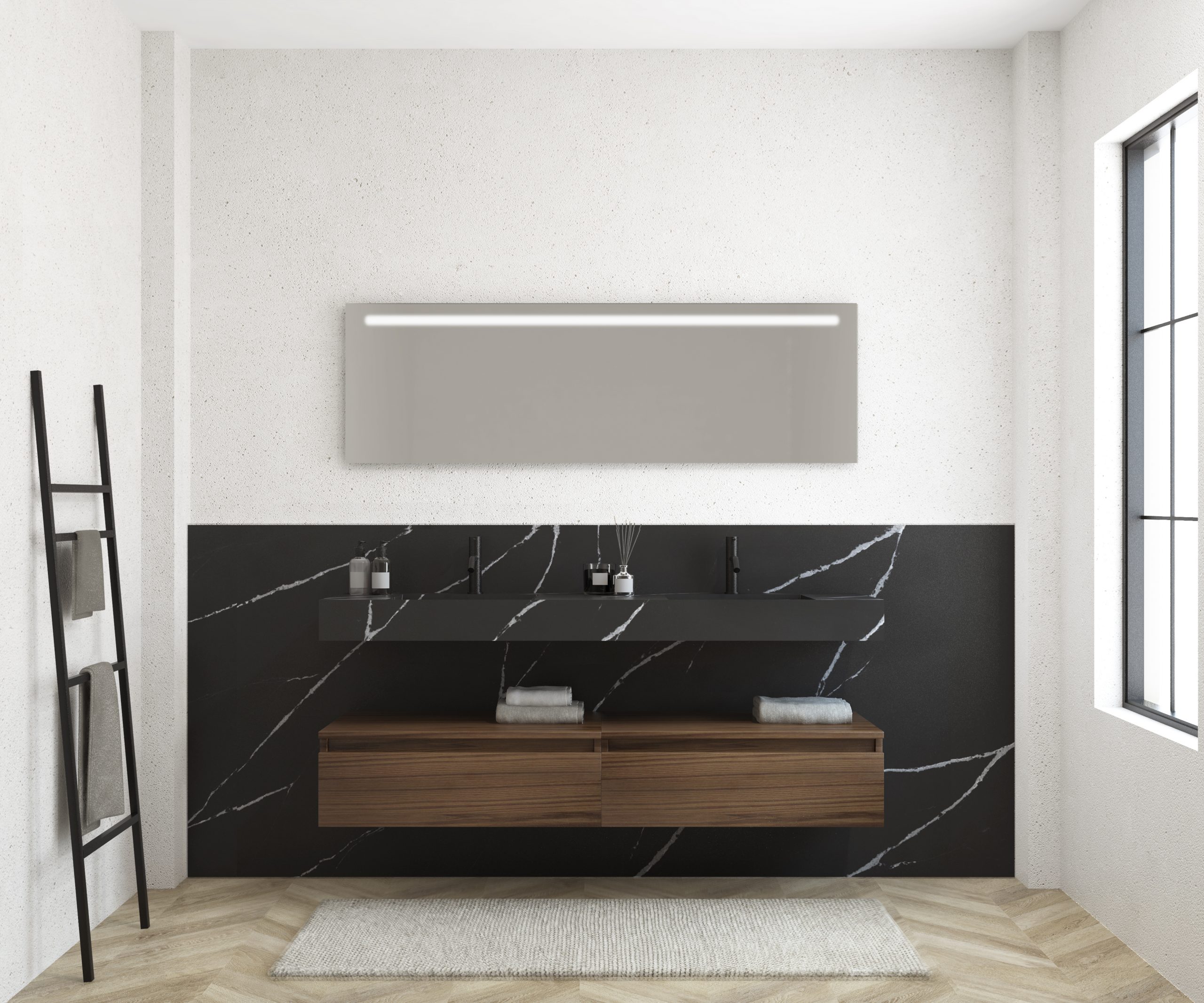 Pack MERVEILLES marquina + lavabo doble suspendido SILESTONE + espejo LED