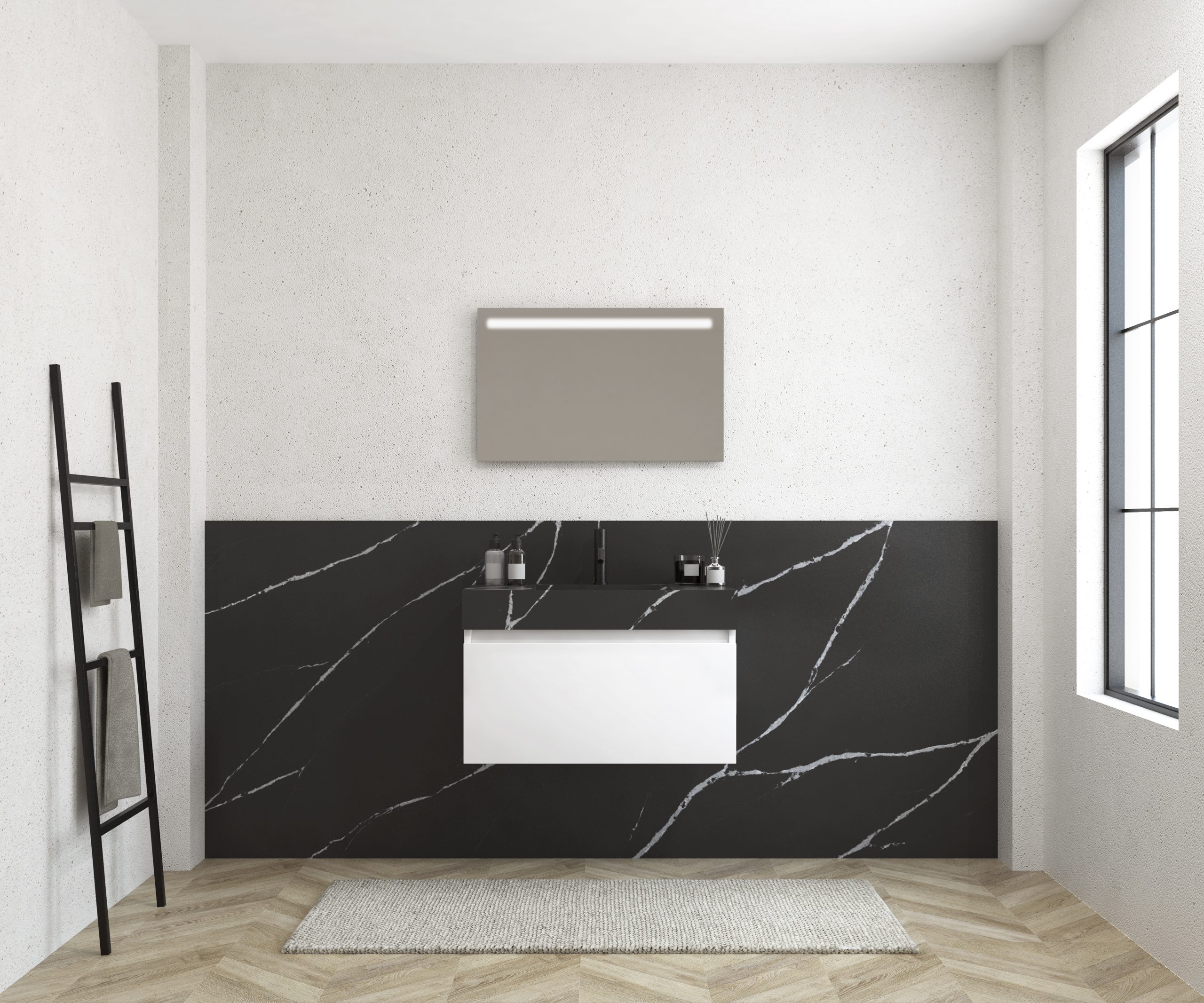 Pack MERVEILLES COMPACT marquina + lavabo suspendido SILESTONE + espejo LED