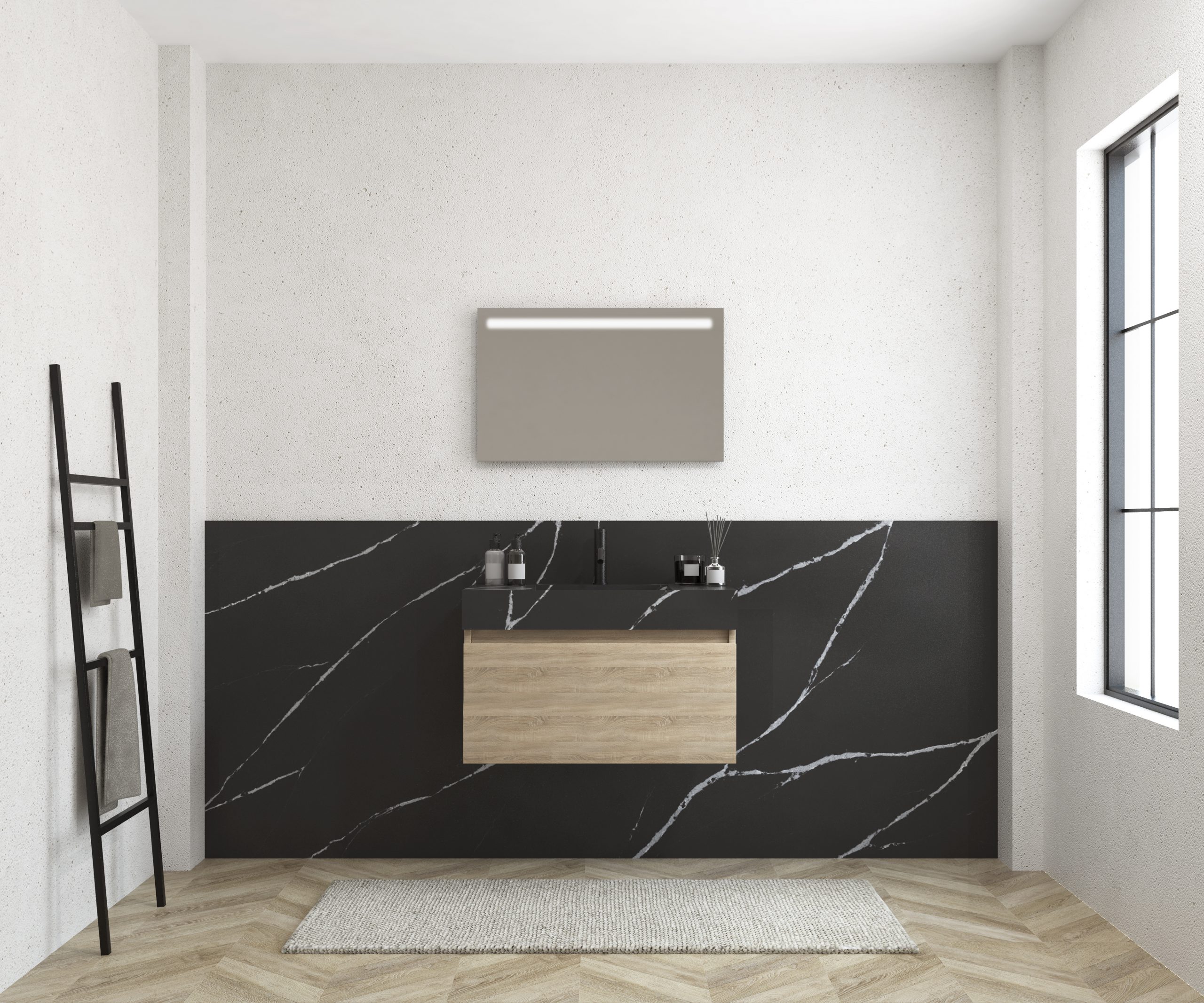 Pack MERVEILLES COMPACT marquina + lavabo suspendido SILESTONE + espejo LED