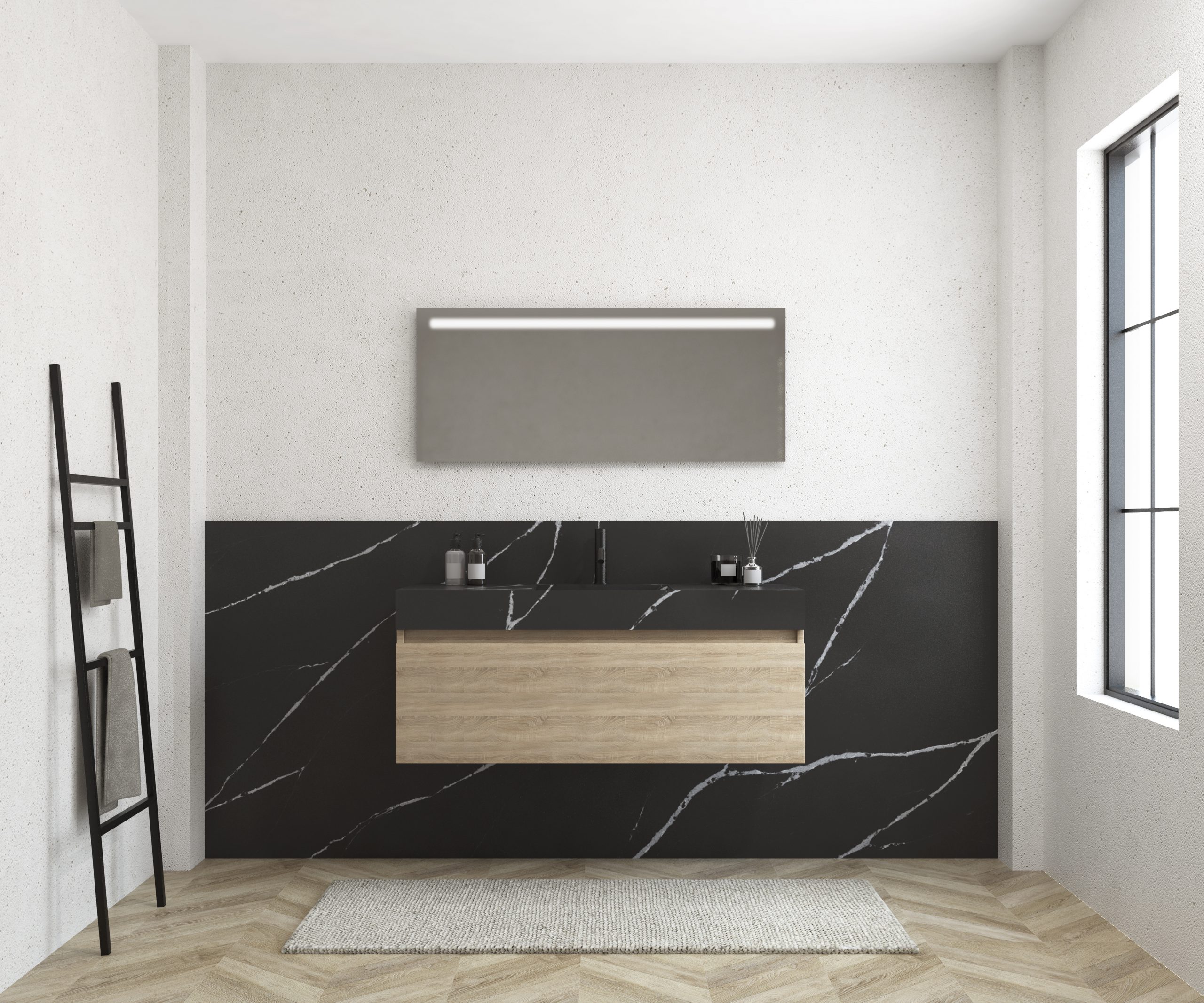 Pack MERVEILLES COMPACT marquina + lavabo suspendido SILESTONE + espejo LED