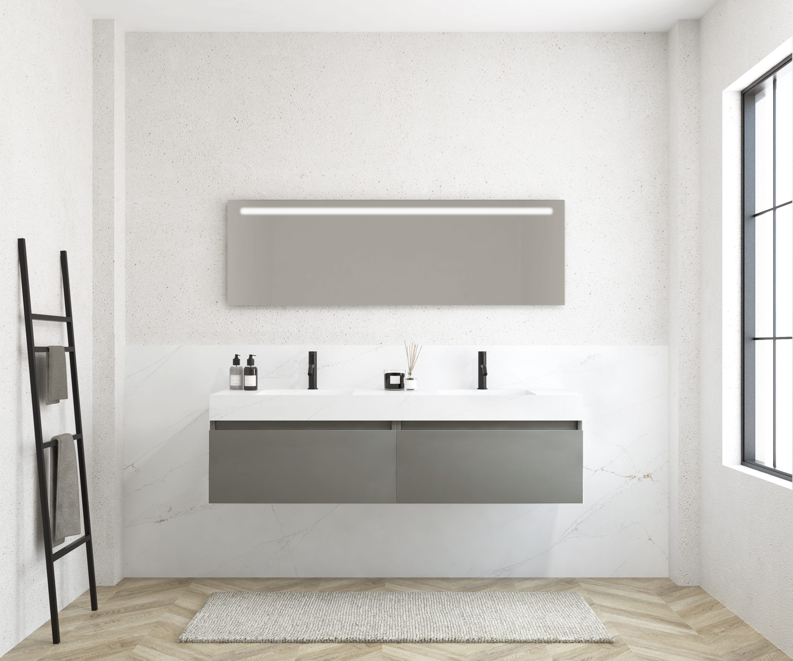 Pack MERVEILLES COMPACT éthérée + Vasque double suspendue SILESTONE + Miroir LED