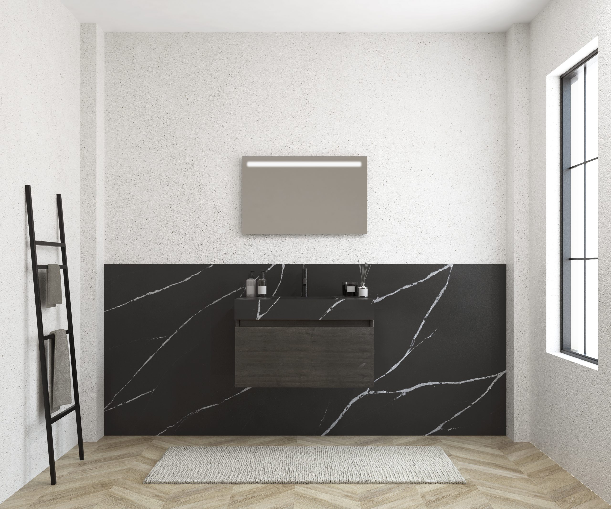 Pack MERVEILLES COMPACT marquina + lavabo suspendido SILESTONE + espejo LED