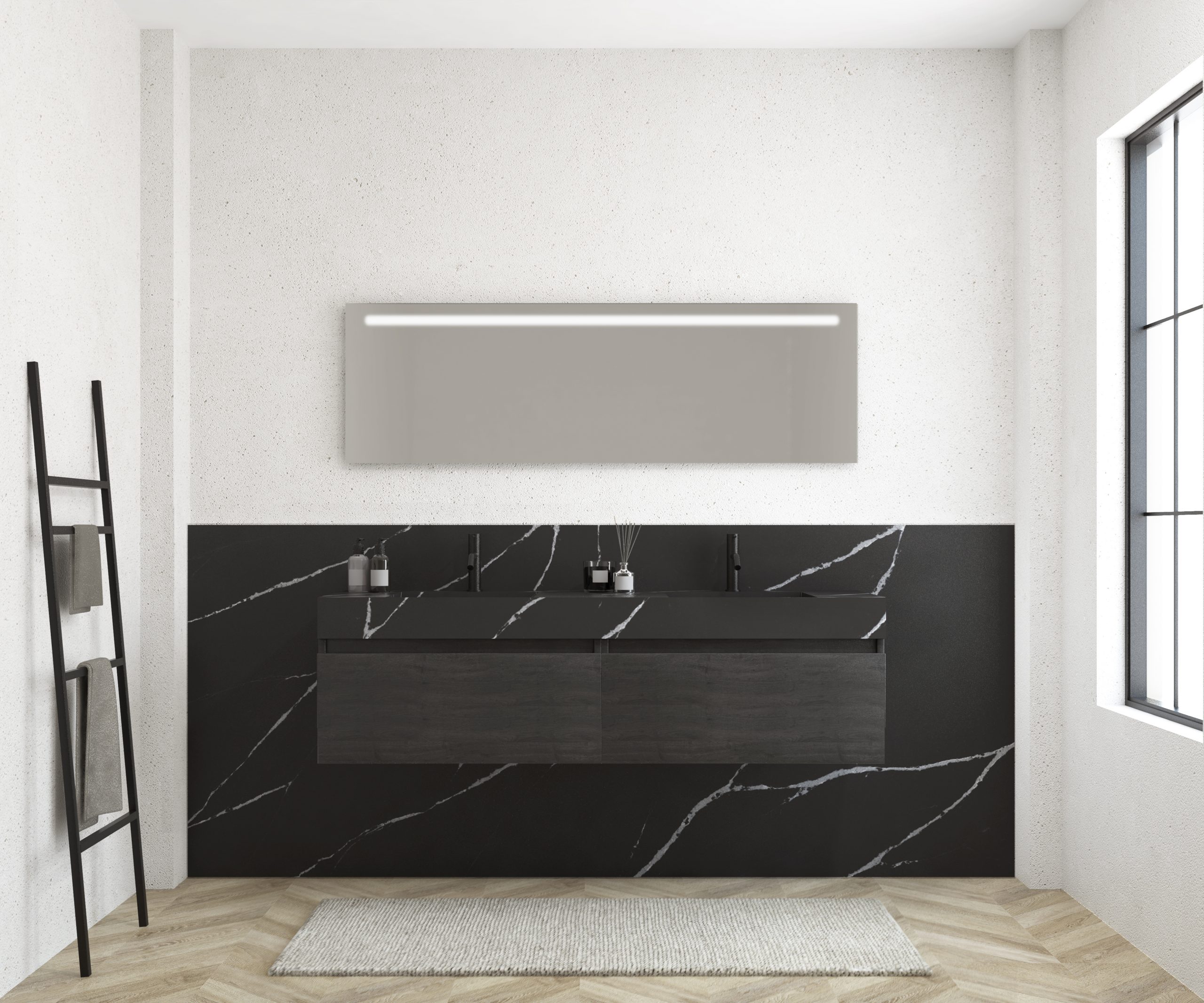 Pack MERVEILLES COMPACT marquina + lavabo doble suspendido SILESTONE + espejo LED