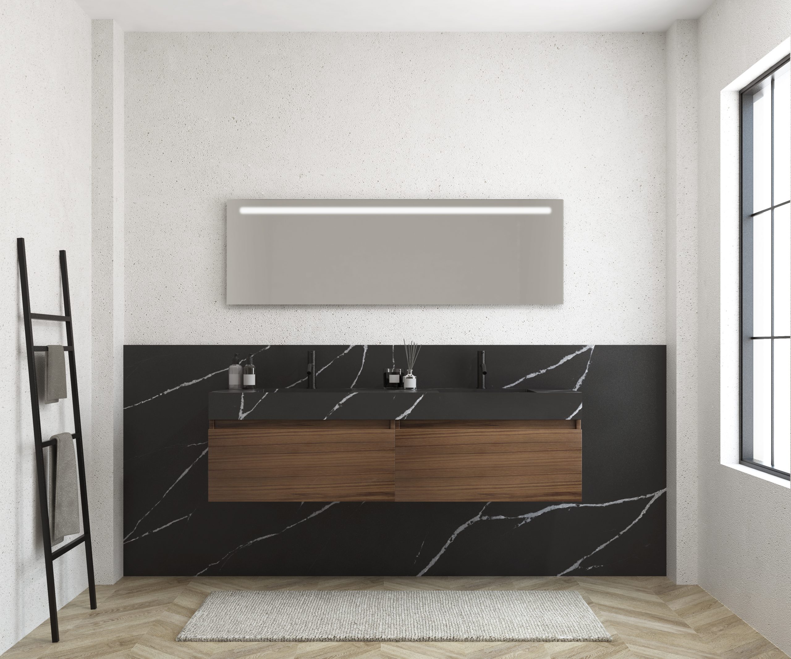 Pack MERVEILLES COMPACT marquina + lavabo doble suspendido SILESTONE + espejo LED