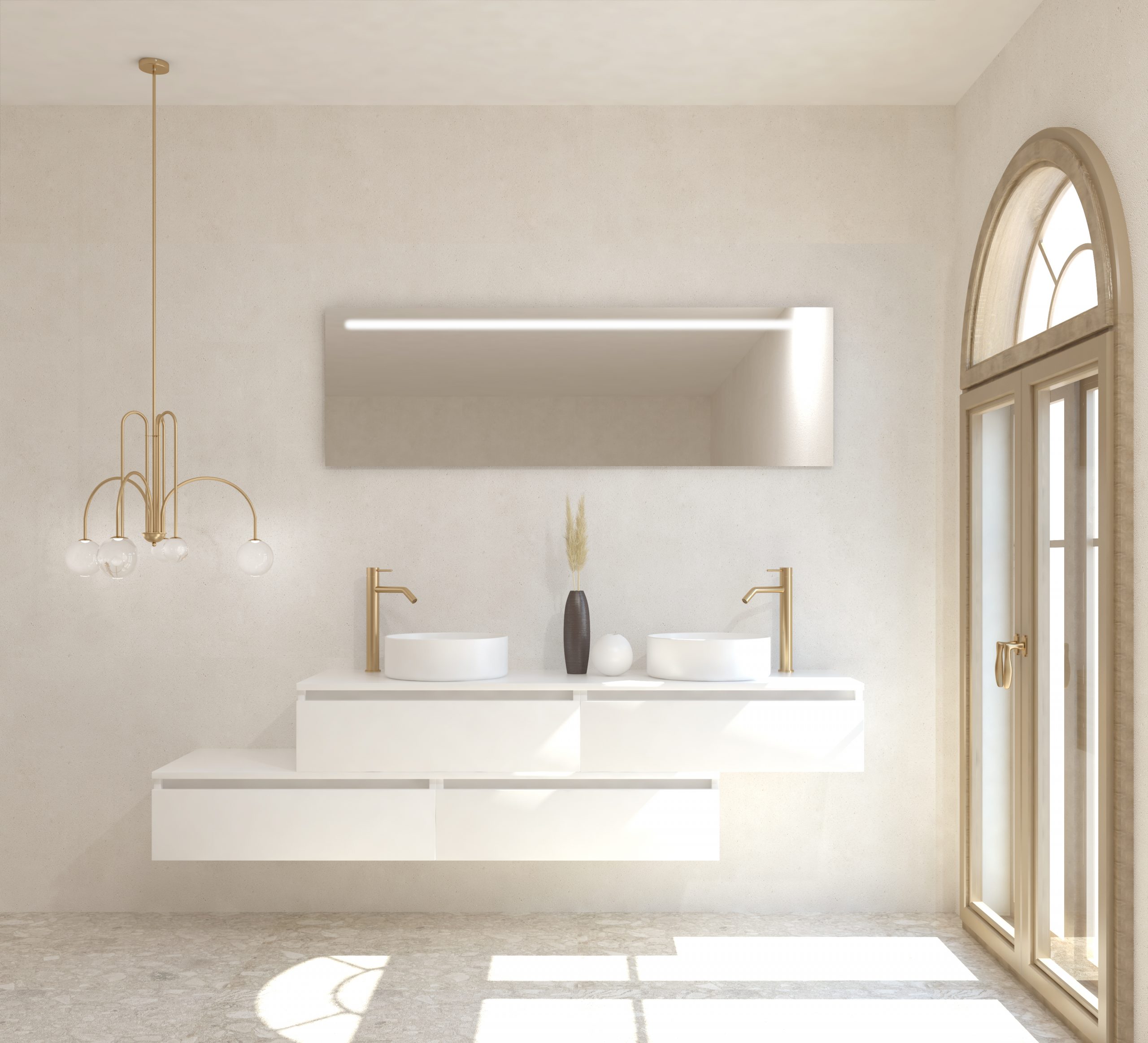 Pack TOURAINE blanco 160 cm + doble lavabo + espejo LED