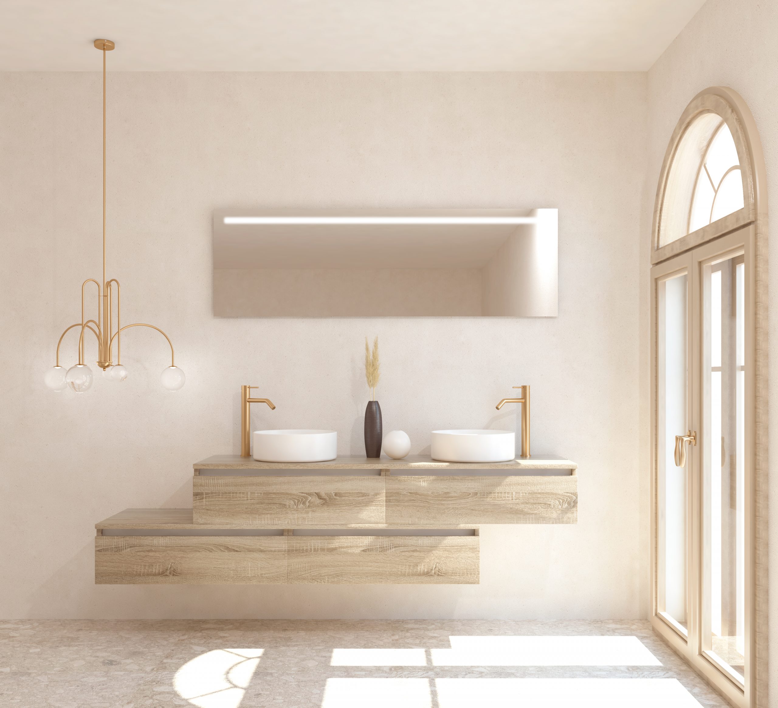 Pack TOURAINE roble bardolino 160 cm + doble lavabo + espejo LED